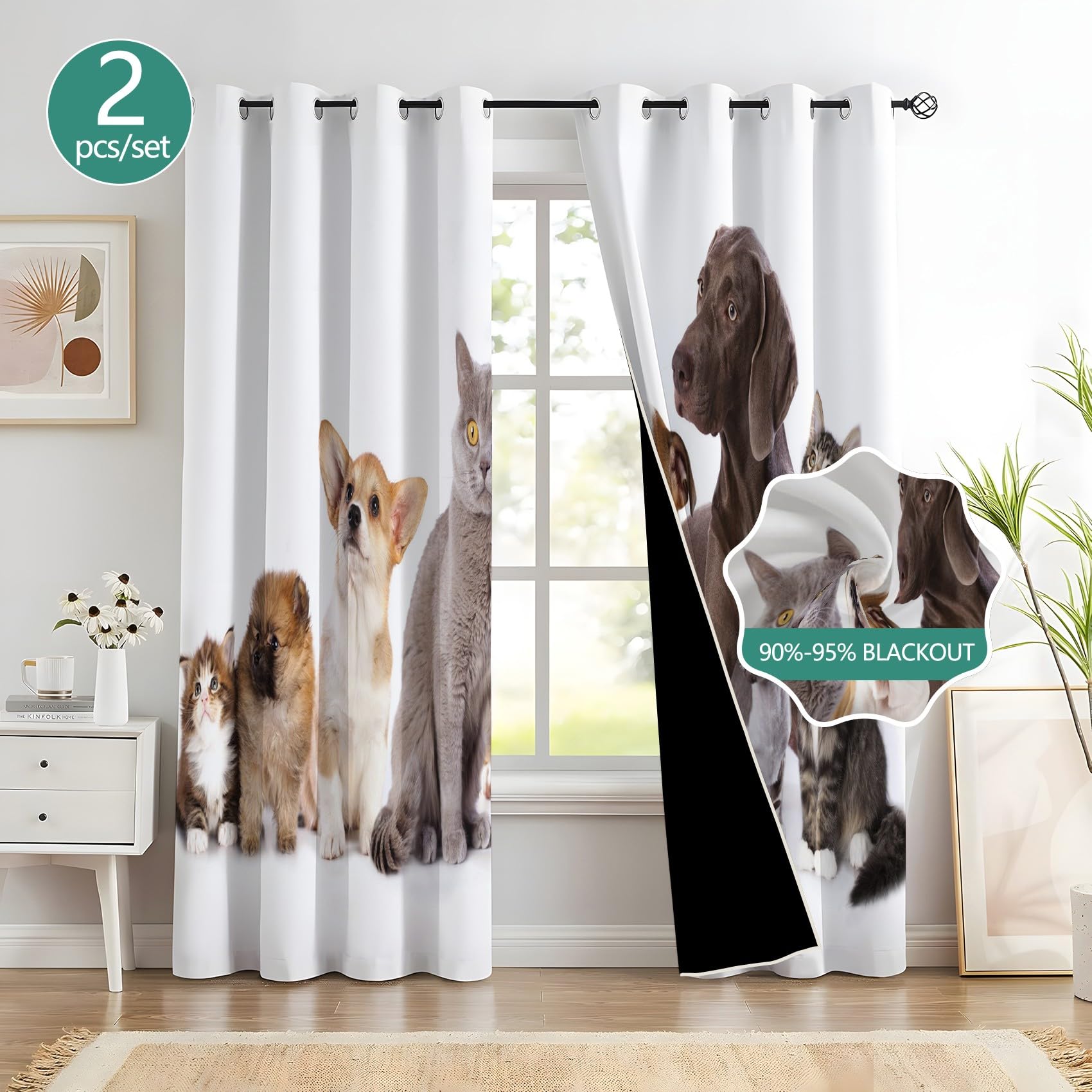 Rideau Thermique Chien Rideau Occultant Chat Rideaux Isolant Anti Froid et Chaleur Doux Phonique Lavable L140xH215cm Chambre Salon Intérieurs, 2 Pièces H2107