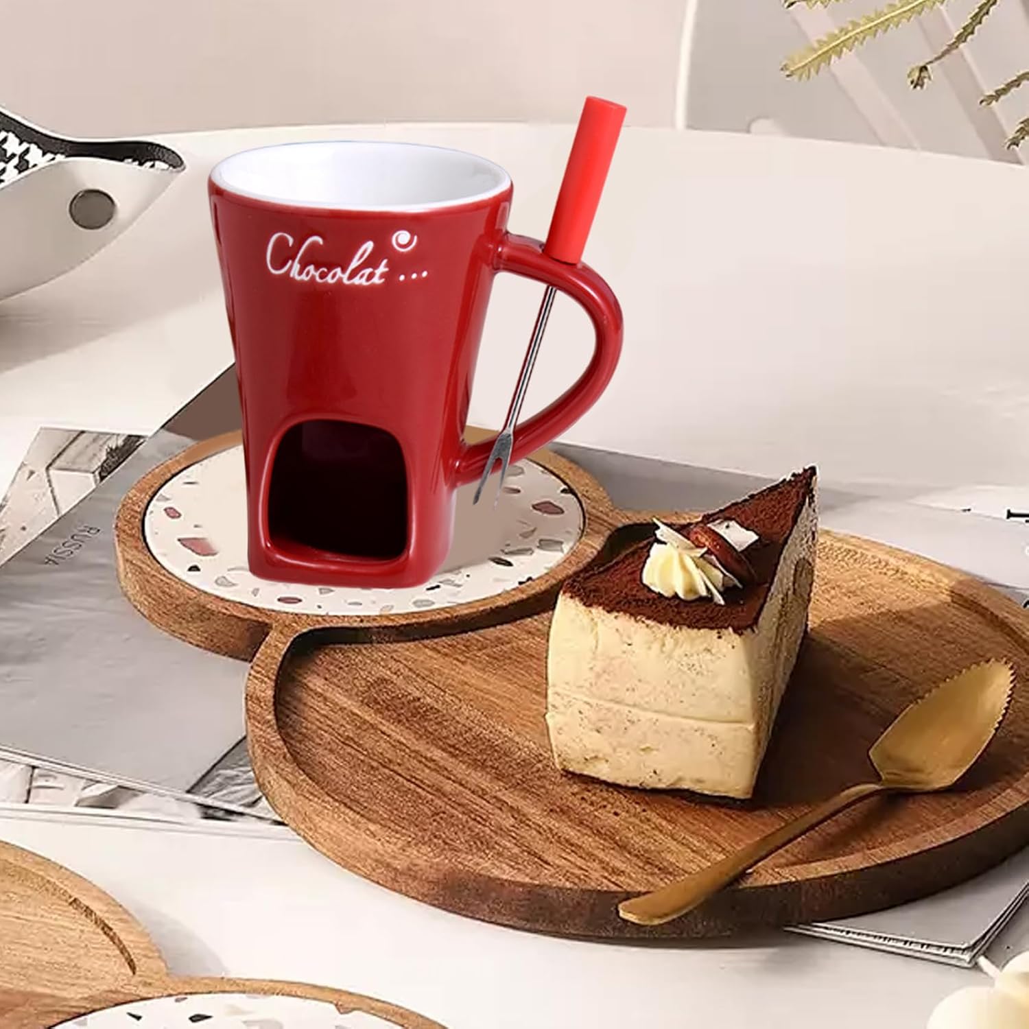 Chocolate Fondue Cup with Fork 2Pcs Ceramic Chocolate Fondue Mug with Handle, Tealight Cave & Hole for Fork Holding, Tealight Not Included, Red|Furniture Cups
