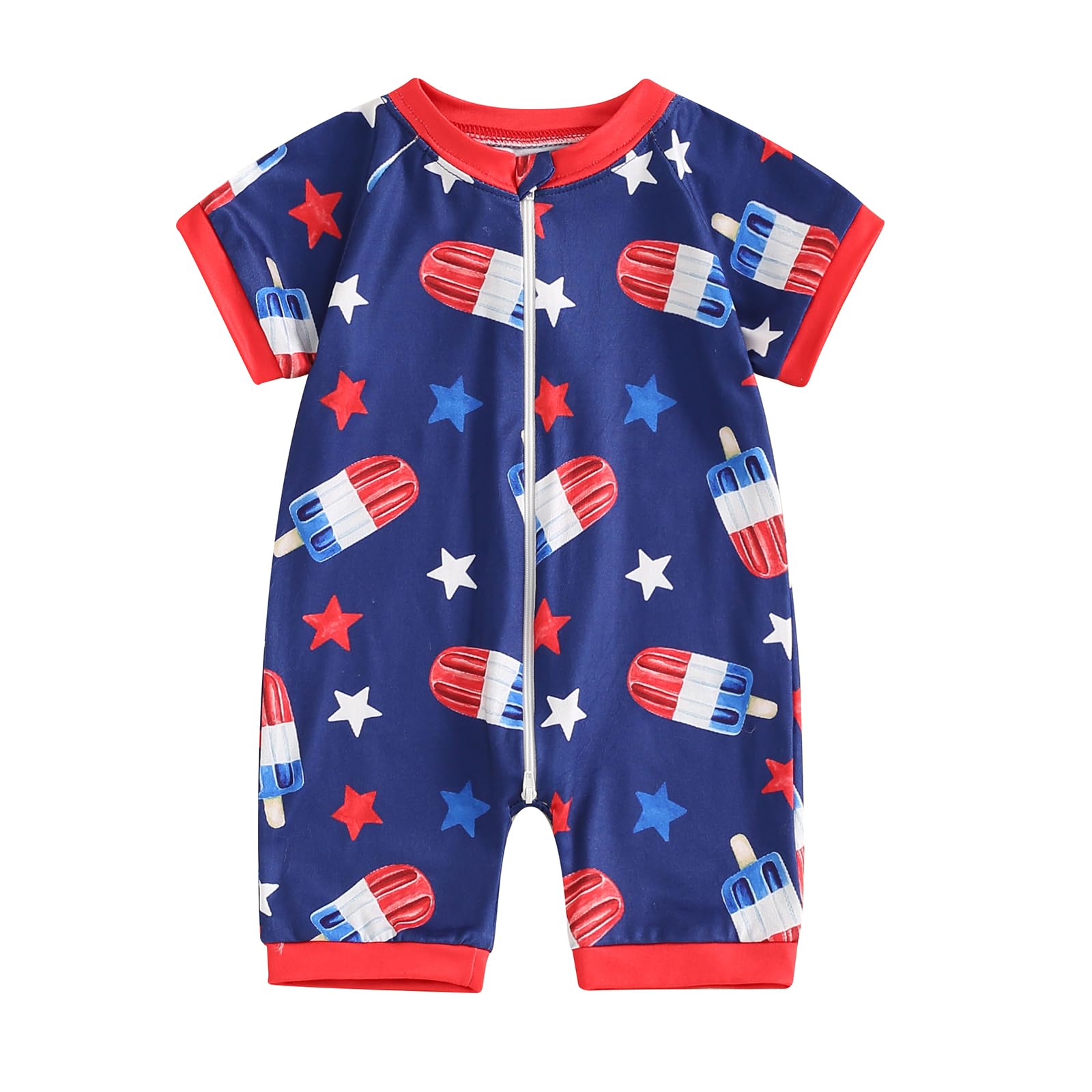 Lamuusaa Unisex Baby Girl Boy 4th of July Outfit Short Sleeve American Flag Romper Zipper Bodysuit Jumpsuit 0-18M (Ice Cream Blue, 0-3 Months)