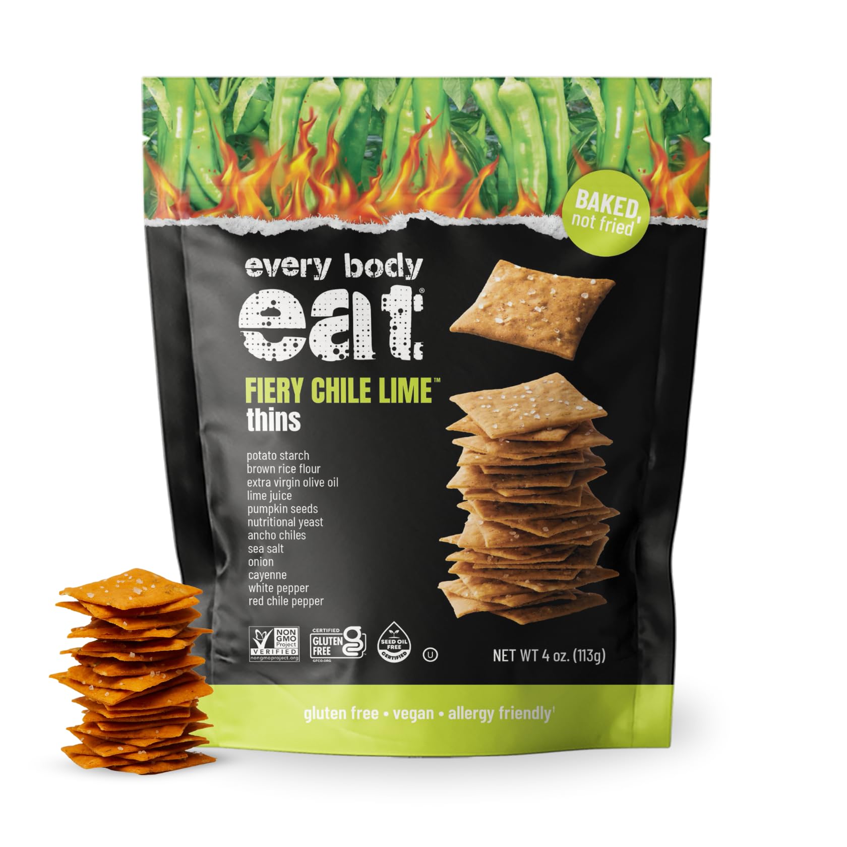 Every Body Eat Snack Cracker Thins, Fiery Chile Lime - Gluten Free, Vegan, Dairy Free, and Seed Oil Free, 4oz