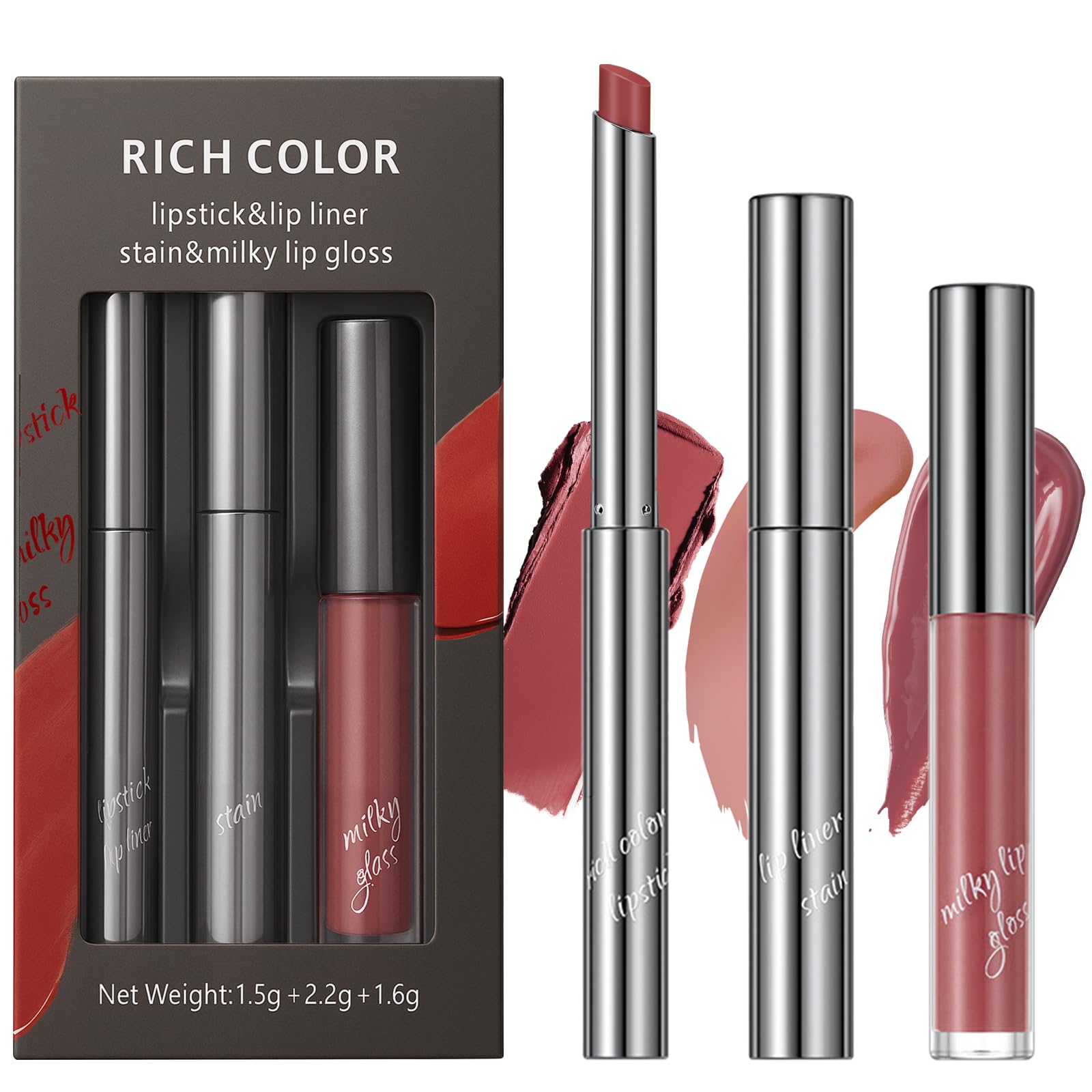 Erinde 3Pcs Peel-Off Lip Stain Set 3 in 1 Matte Lipstick & Liquid Lip Gloss & Peel off Lip Stain,Waterproof & Long- Lasting