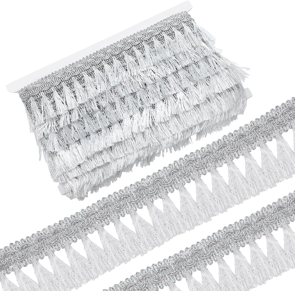 FINGERINSPIRE 9.8 Yards Fringe Tassel Sewing Trim 1.8inch Wide Silver Color Fringe Trim for Sewing Polyester Tassel Wave Ribbons for DIY Crafts Clothes Garment Dress Curtain Decoration