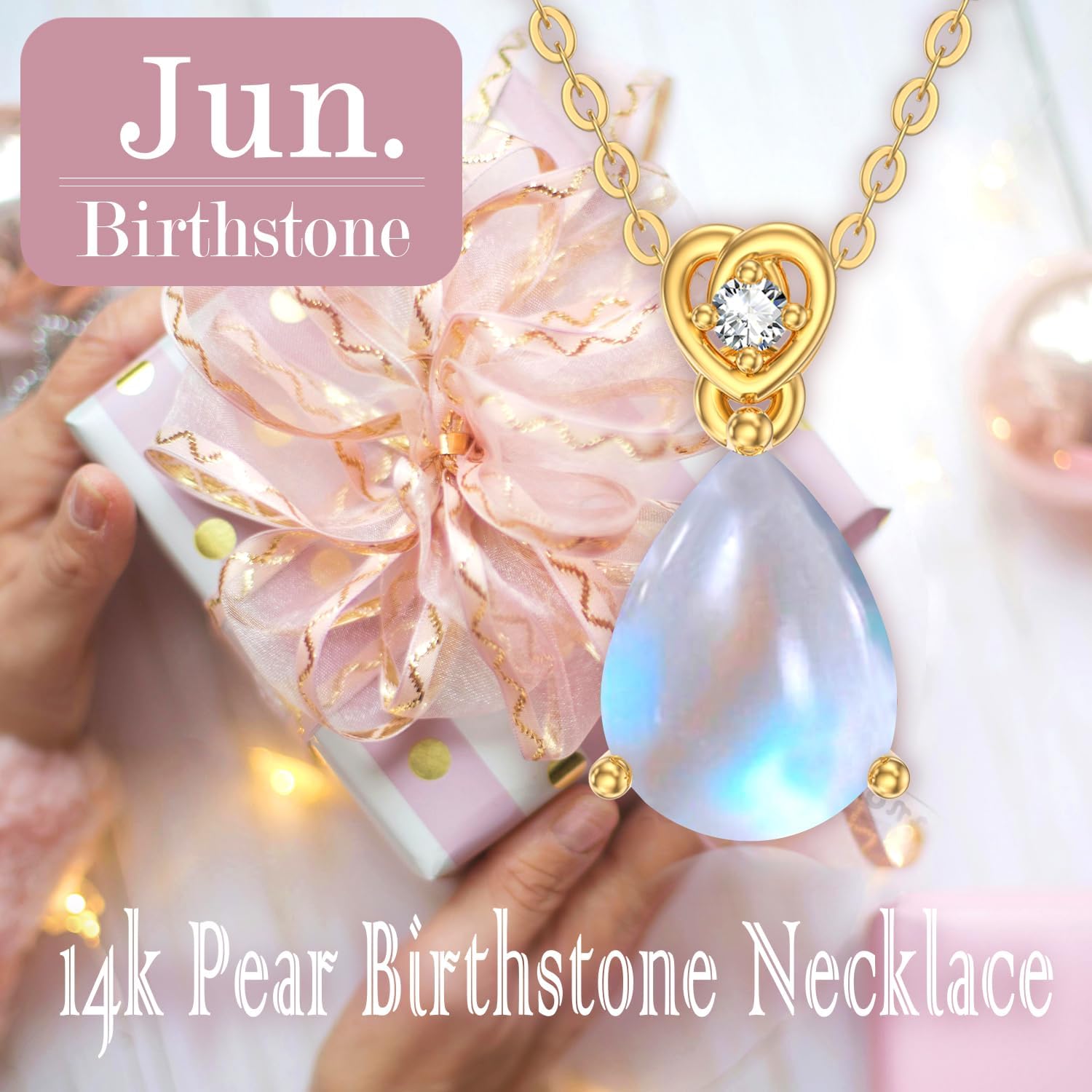 14k Gold Pear Gemstone Birthstone Necklace with Real Diamond(I2-I3 Clarity),2 Carat Teardrop Created Birthstone Anniversary Birthday Mother's Day Necklaces for Women Mom Her - Image 5