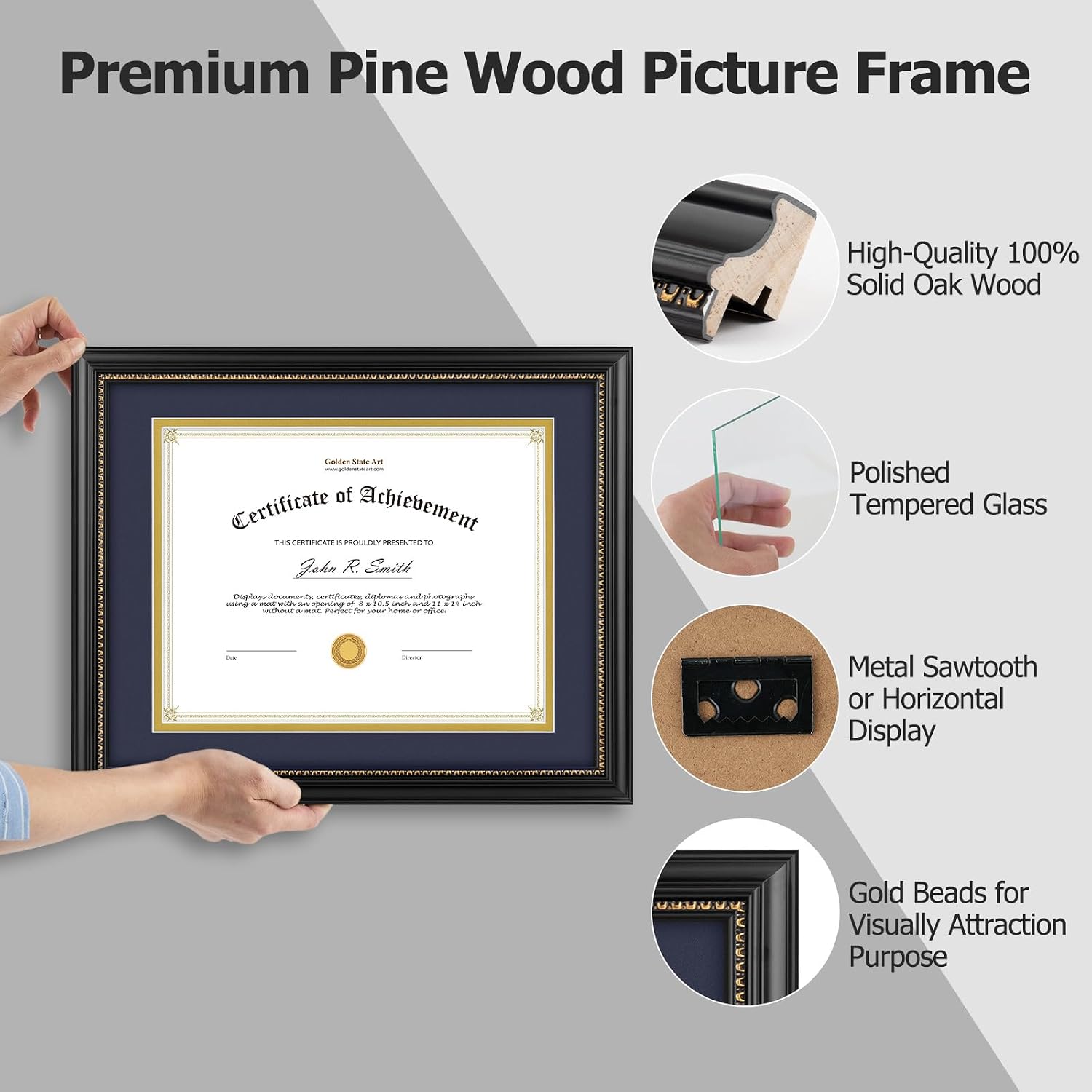 Golden State Art, 8.5x11 Diploma Frame, Solid Wood Black with Gold Trim Certificate Frame, 8.5x11 or 11x14 Diploma Without Mat, Real Glass Front with Navy Over Gold Double Mat -1 Pack
