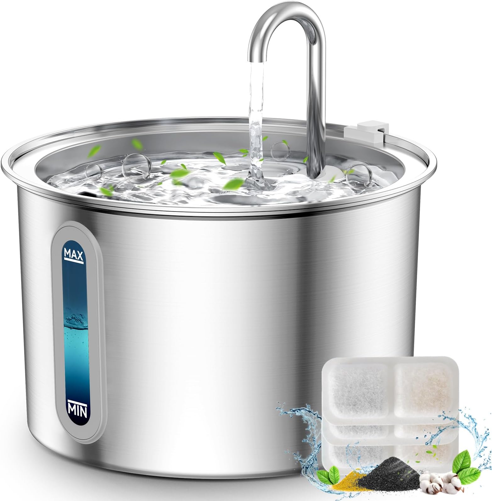 Oneisall Stainless Steel Cat Water Fountain,Quiet Water Fountain with LED Light and Water Level Window,2L Pet Water Fountain with Replacement 3Sets Filters,Cat Drinking Fountain Indoor