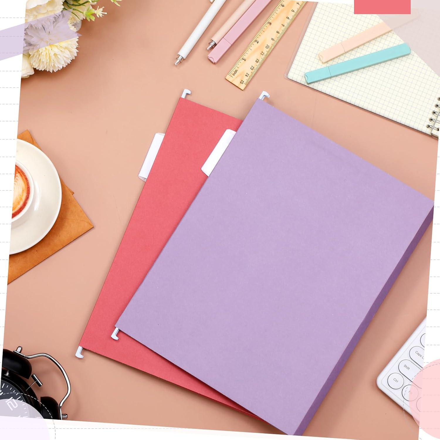 Yaomiao 24 Pack Hanging File Folders 3 Pleats Letter Size File Cabinet Folders with 1/5-Cut Adjustable Tabs Expandable Document Cabinet Colored for Home Desk Office Organization(Morandi Color)