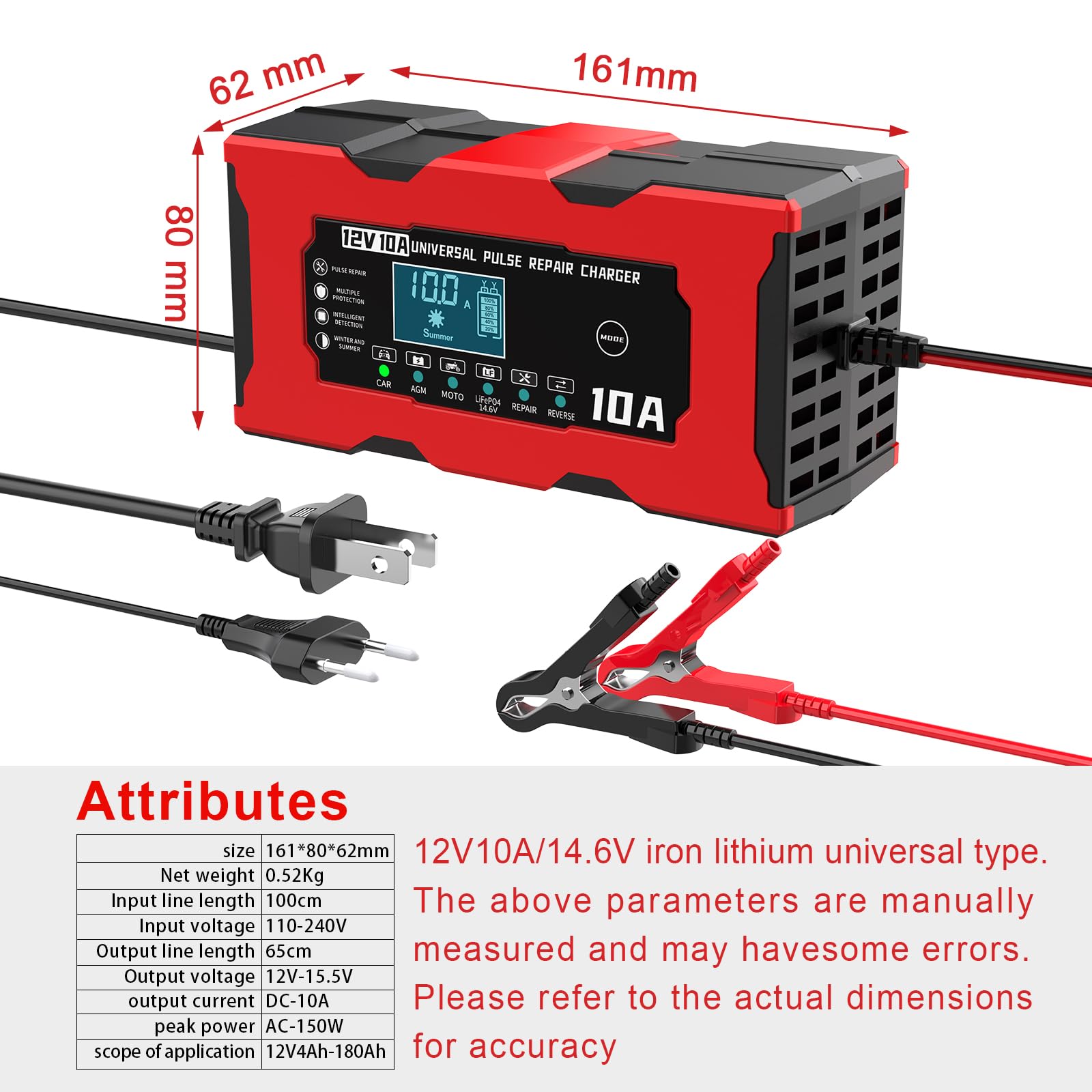 YONHAN Caricabatteria da Auto,10A 12V LiFePO4 Multi Protezioni Carica Batteria,Intelligente Schermo LCD Carica Batterie Completamente Automatico per Moto,Barche, Auto, Batteria AGM/Acido di piombo