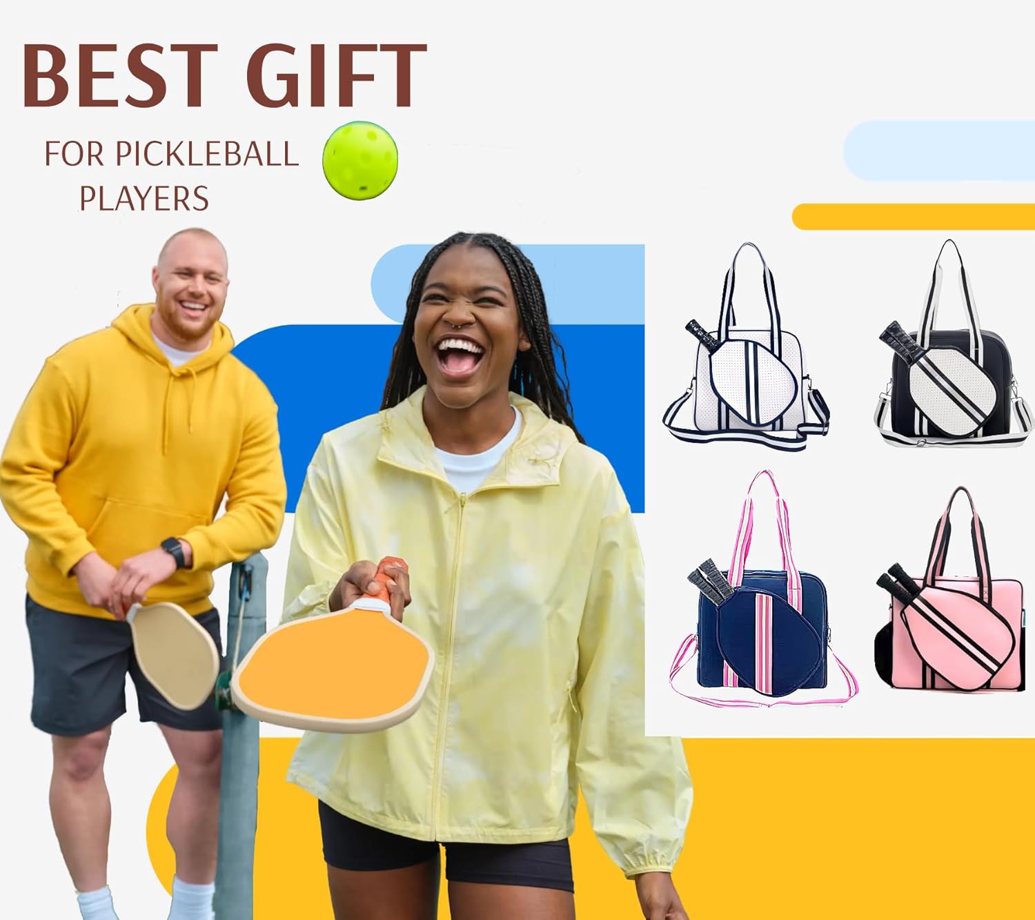 Pickleball Sports Tote Bag with Racket Holder, Neoprene, Adjustable Shoulder Strap