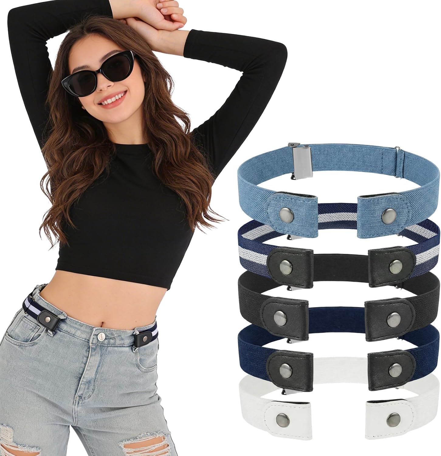 Qianyu 5 Pcs Buckle-Free Invisible Stretch Belt No Buckle Elastic Belt Comfortable Invisible Belts for Women Men Jeans Pants Dresses