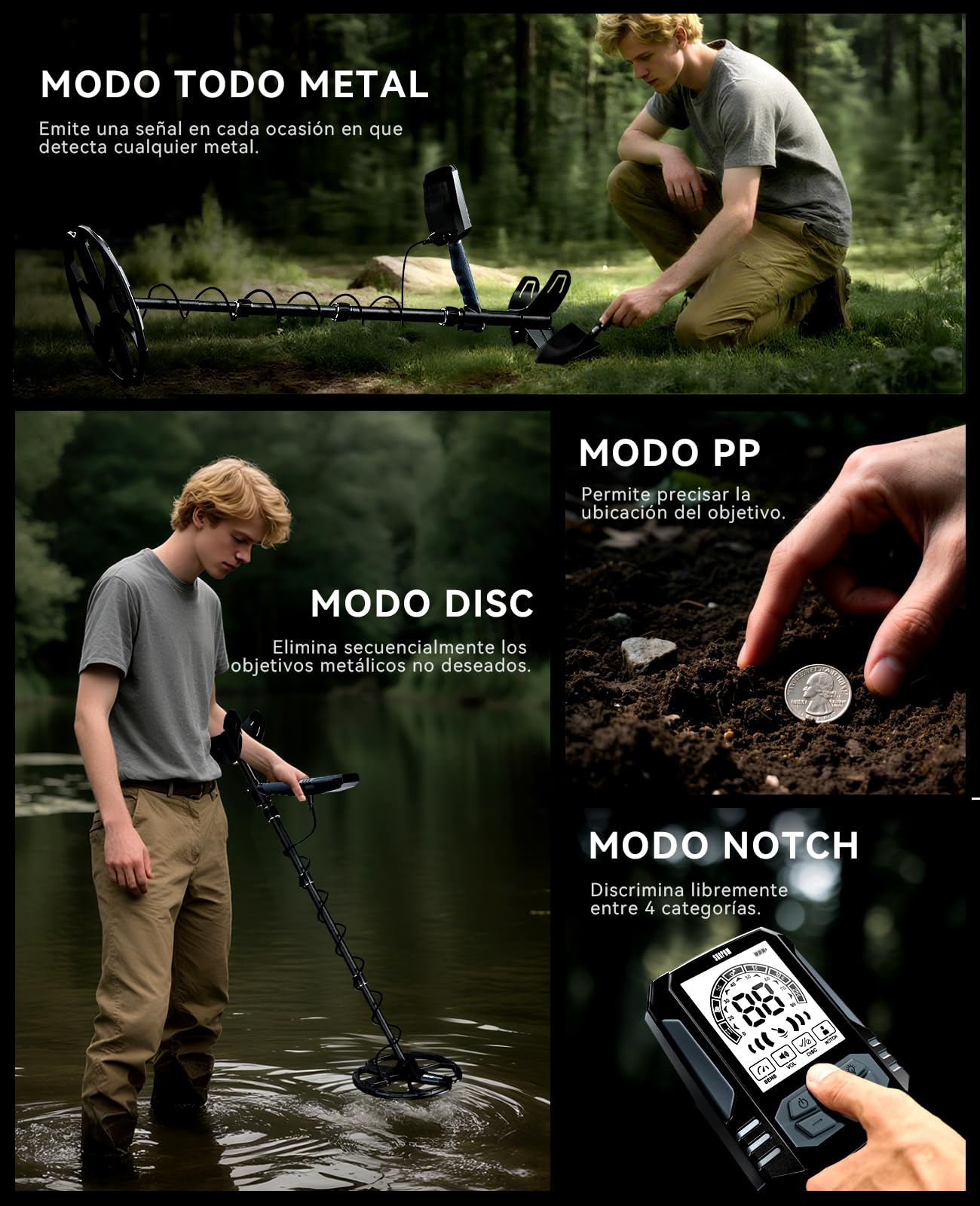 SUNPOW Detector de Metales Recargable - Bobina D Doble de 11 Pulgadas | Batería de Litio de 35h, 10 Niveles de Sensibilidad, 4 Modos de Búsqueda, 7 IDs de Metales, con Pala, Mochila y Audífonos