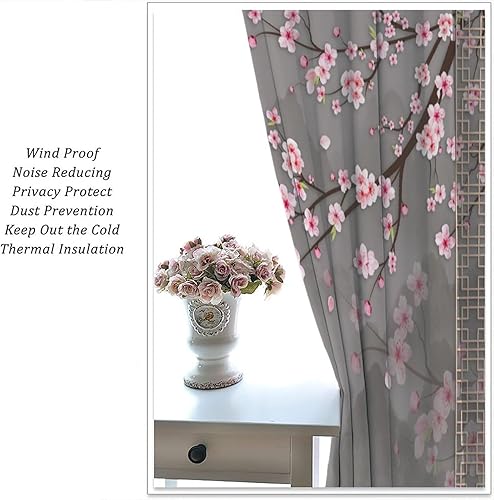 Miniatura 5 de JESTRONRY Cortinas asiáticas, estilo japonés, pintura de montaña, ramas, flores, oscurecimiento de habitación, puerta, ventana, bolsillo para barra,