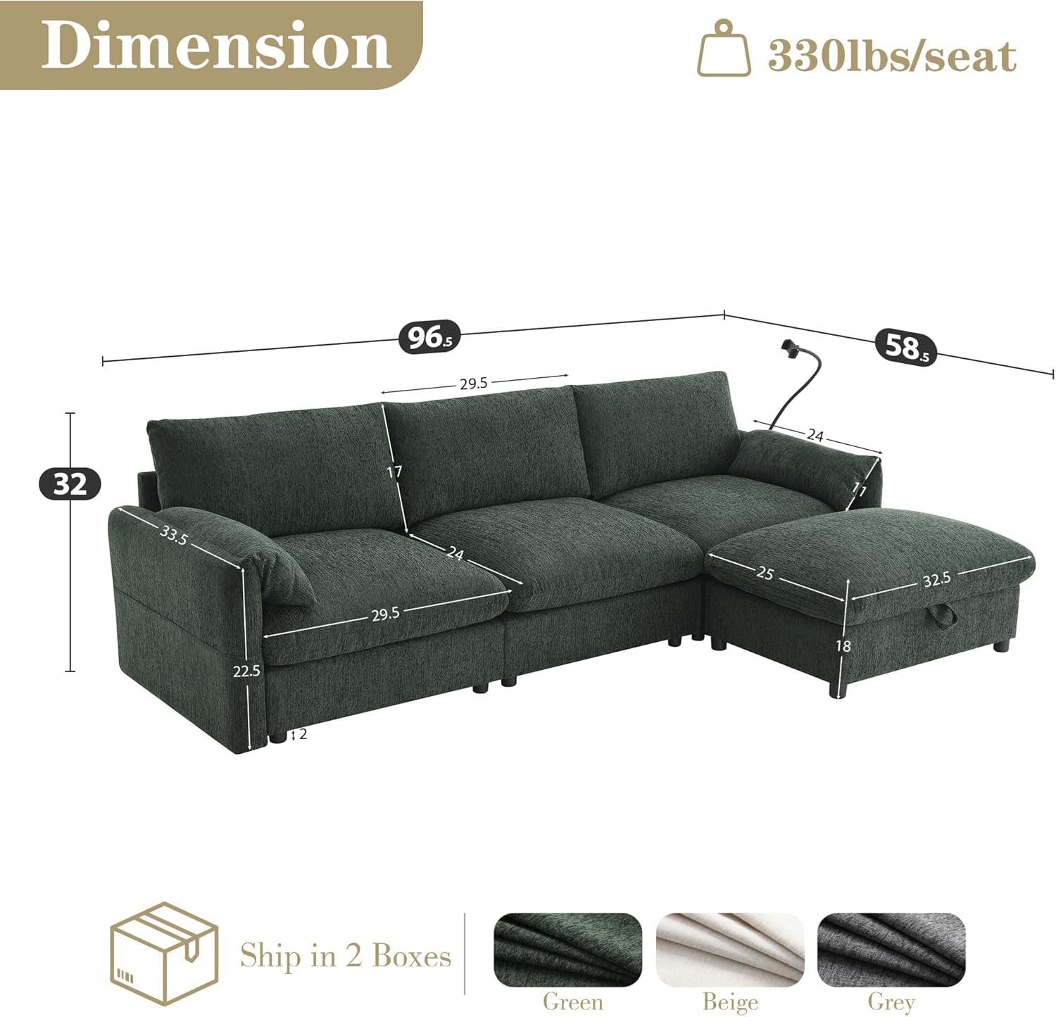 Chifee & Vingol 96.5" L Shaped Couch Chenille Sectional Sofa with Storage Ottoman Cloud Couch Sectional for Living Room with Adjustable Phone Holder and USB Charger-Green