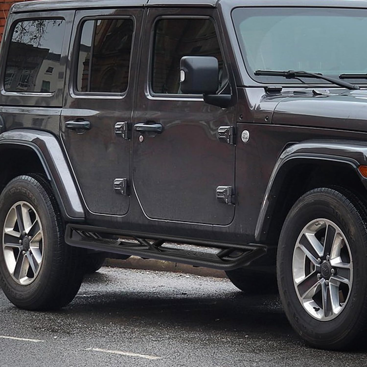Running Boards Compatible with 2007-2018 Jeep Wrangler JK JKU Unlimited 4 Doors, 6 Inch Nerf Bars Side Step, Dual-Stage Textured Black Powder, Two Stairs