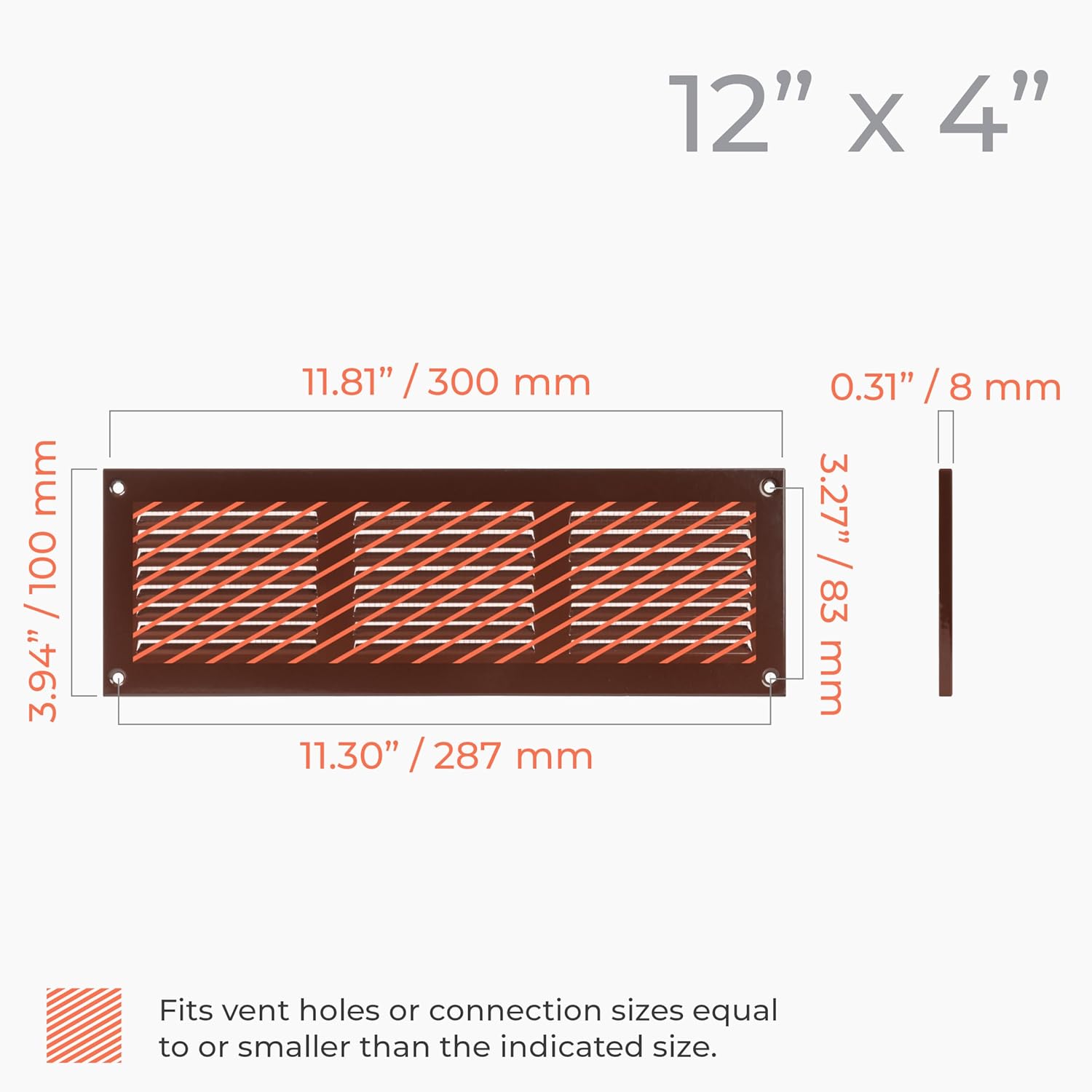 12 x 4 Inch Brown Air Register Cover Grille. Wall Register, Ceiling Register Exterior Wall Vent Cover. Baseboard Heater Covers. Available in Diff. Sizes Colors. 300 x 100mm, 12x4 Inch 12'' x 4'' Brown