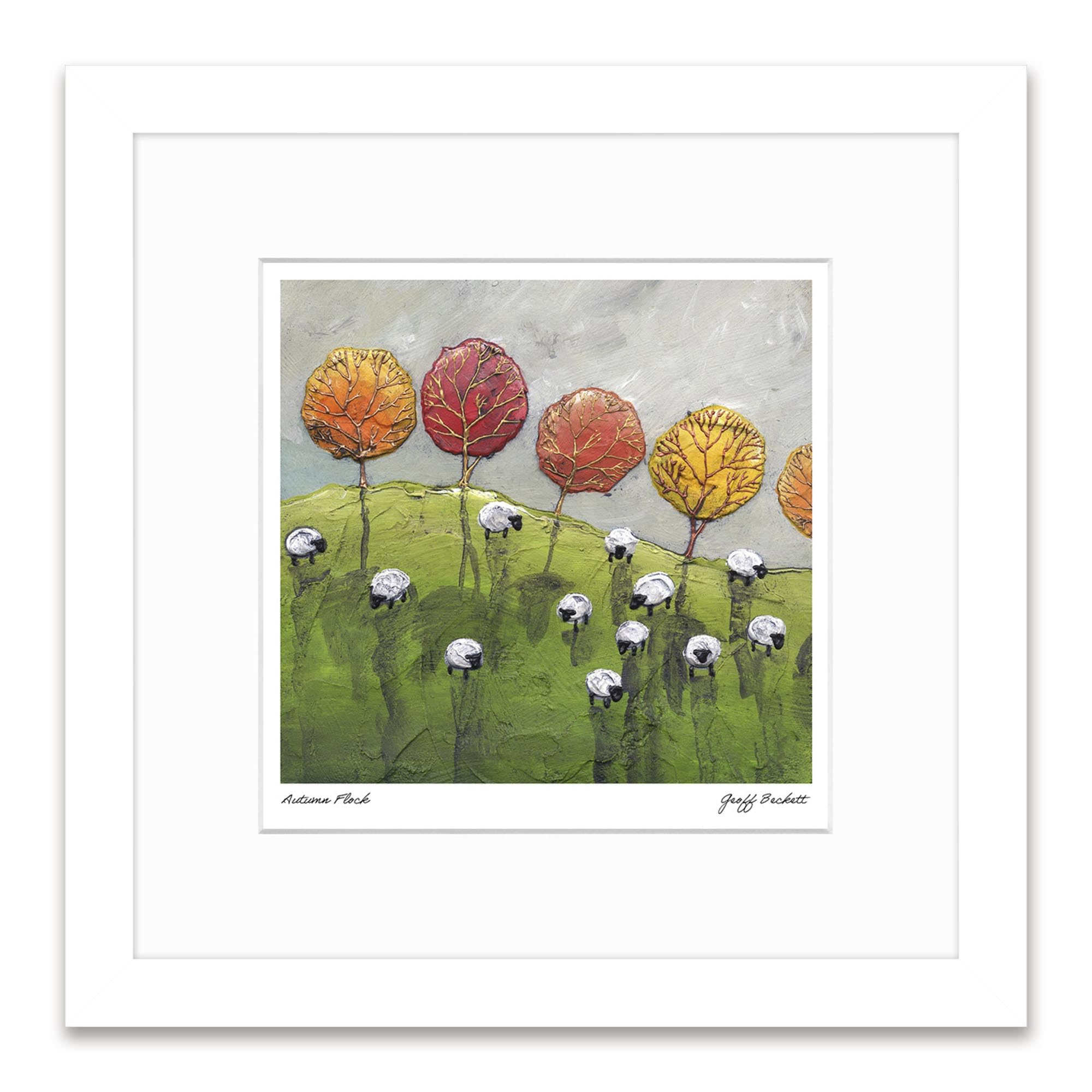 Artko Artistic Sheep & Autumn Trees Framed Print Wall Art - 'Autumn Flock' by Geoff Beckett - Countryside Themed Artwork - Ready to Hang Home Décor - 33.5cm x 33.5cm