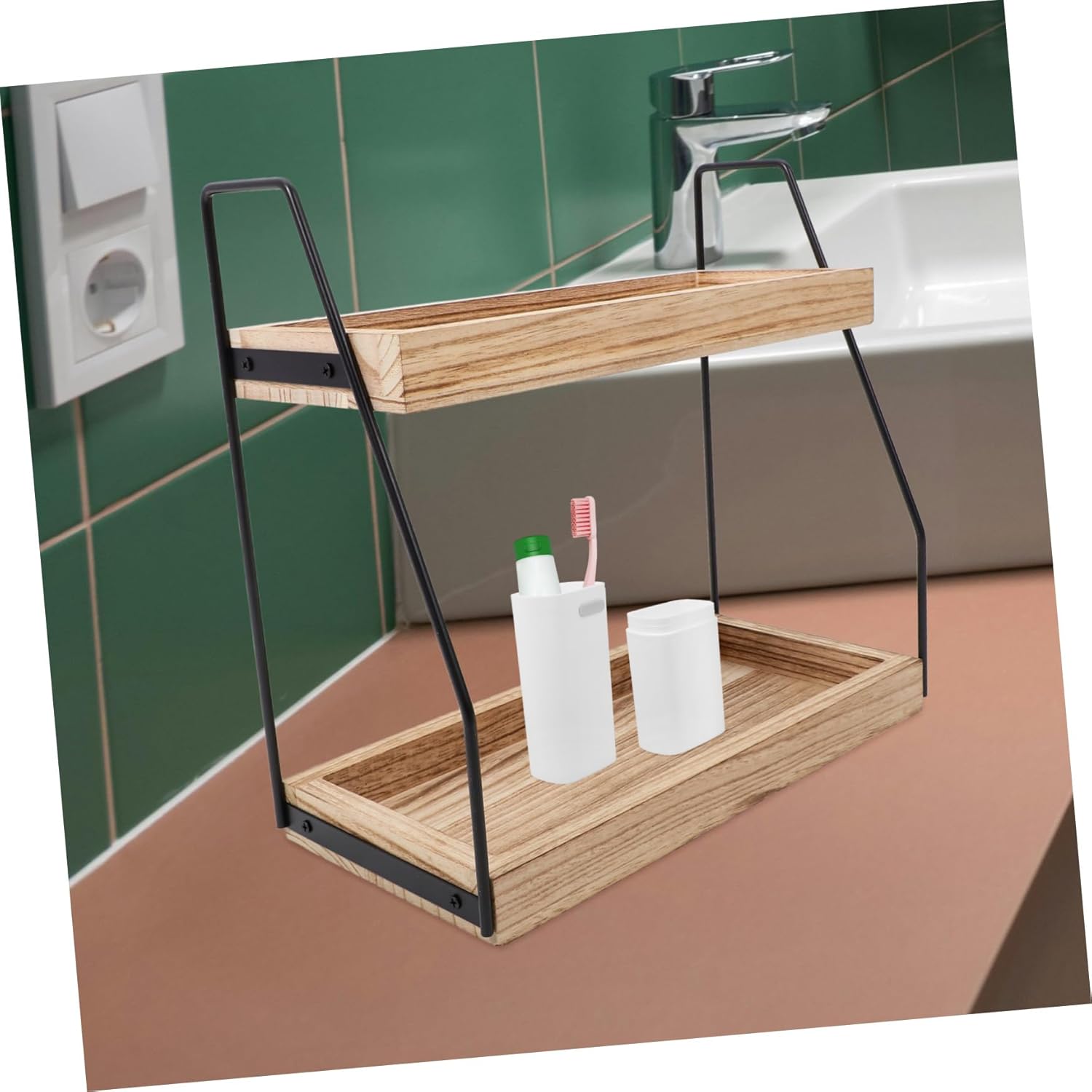 Wakauto Wooden Spice Jar Rack with Iron Frame Kitchen Seasoning Organizer for Countertop Sturdy Desktop Storage Shelf for Efficient Space Saving and Clutter Kitchen