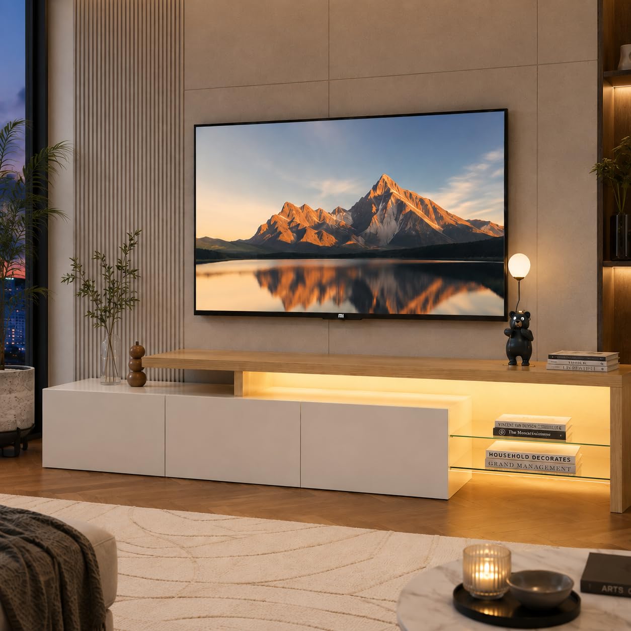 Mueble de TV moderno con luces LED variables, mueble de TV con 3 puertas y estantes de cristal, marco de madera, mesa de TV para salón (blanco, 200 x 39 x 42)