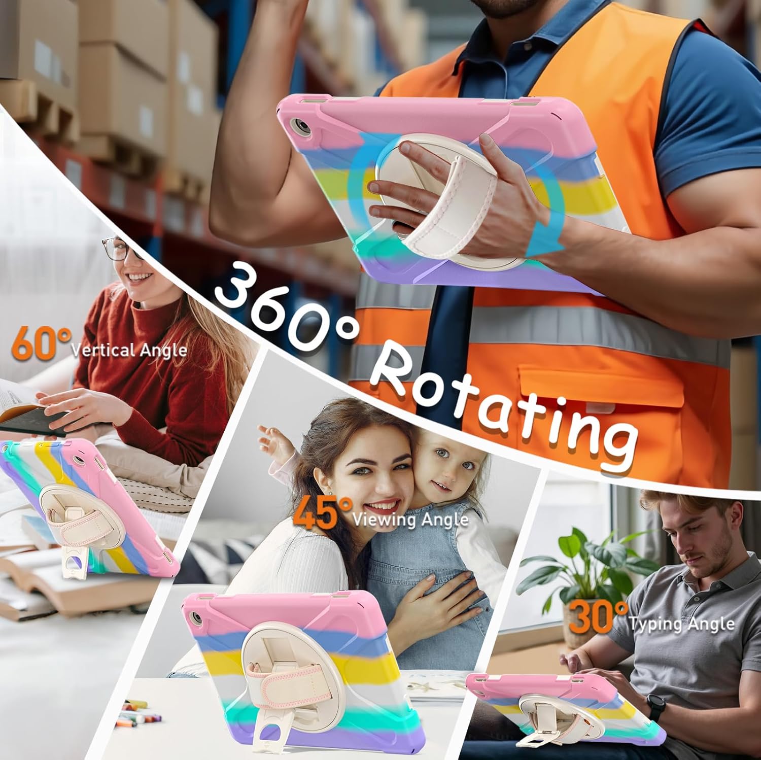 Weuiean Case for 10 13th Generation 10.1" 2023, Military-Grade Heavy-Duty Shockproof Cover with 360° Rotating Stand, Built-in Pencil Holder & Adjustable Hand/Shoulder Strap - Colorful Pink