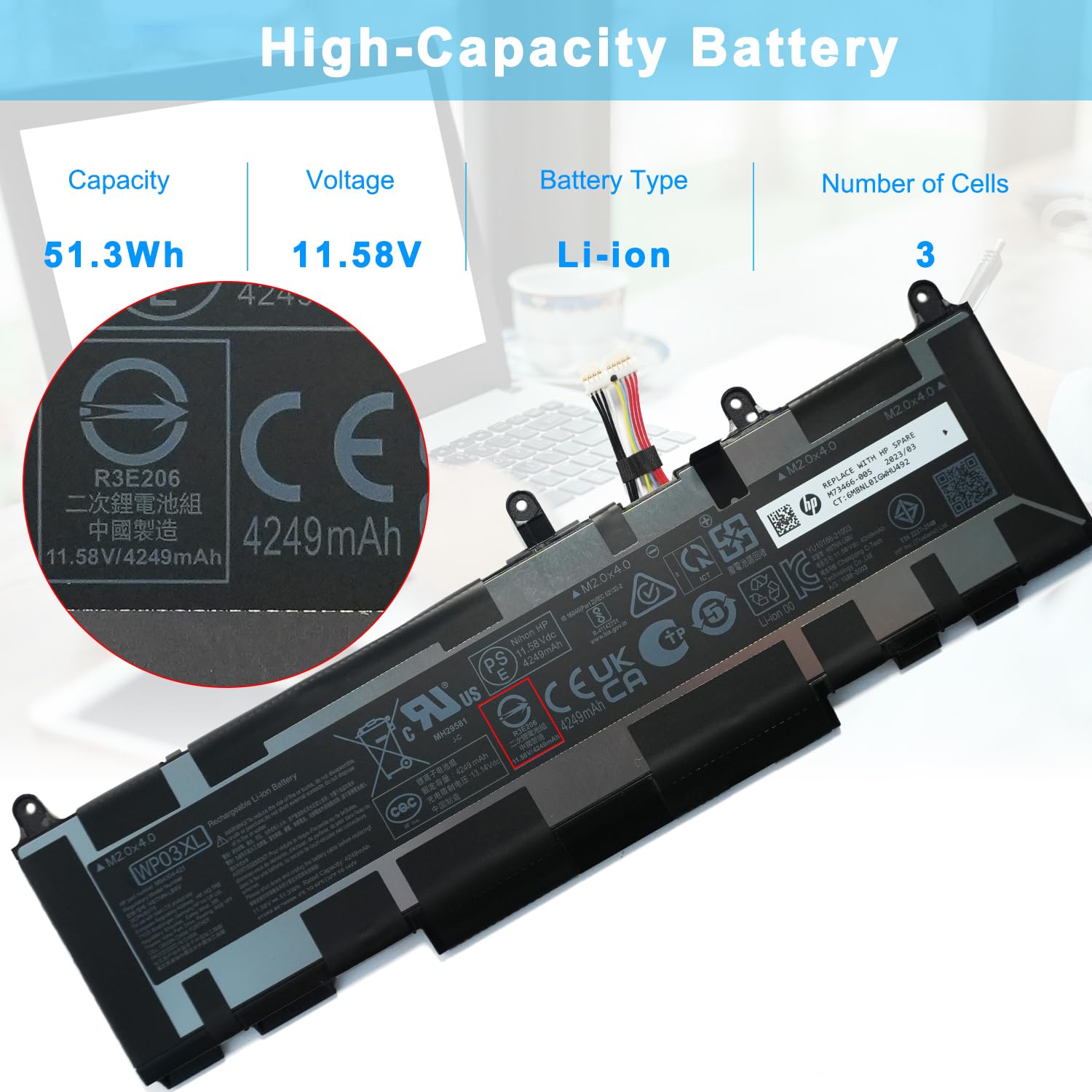 XITAIAN 11.58V 51.3Wh 4249mAh WP03XL Batteries de Rechange Compatibles avec HP EliteBook 830 835 840 845 860 865 G9 G10 G11/EliteBook X360 1040 G9 G10 2-in-1 ZBook Firefly 14 G9 G10 /Split X2 13-M000