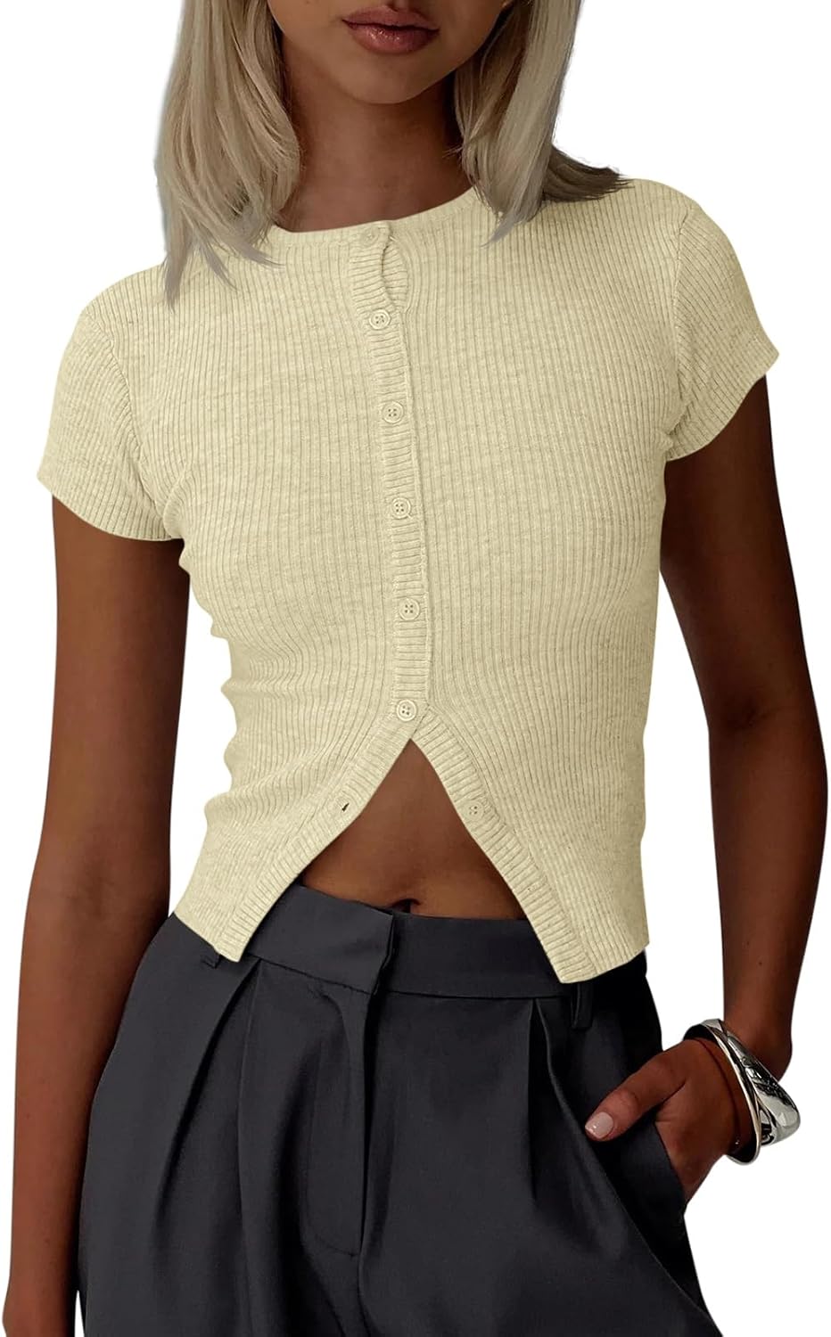 Imily Bela Womens Short Sleeve Sweater Tops Summer Button Down Casual Ribbed Knit Slim Fit Cropped Cardigan Shirts