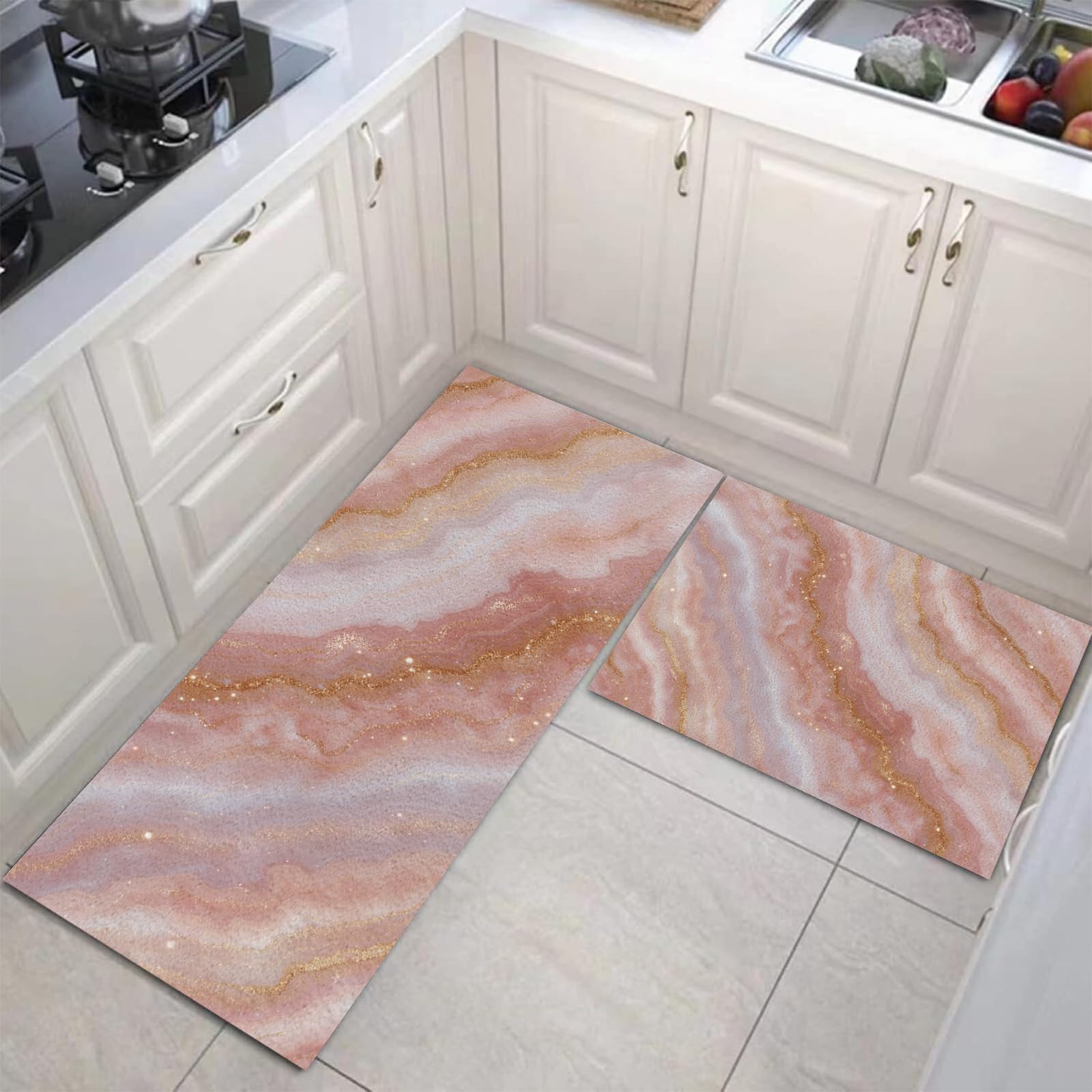 Alfombra lavable y antideslizante rosa con diseño de mármol para entrada