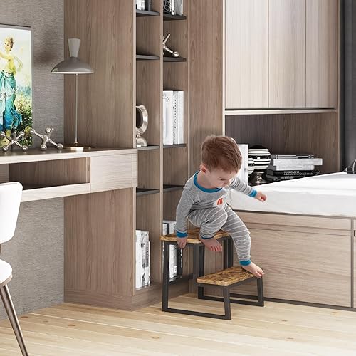 Miniatura 9 de Taburete para adultos, soporta hasta 500 libras, taburete resistente de dos pasos para Kichenbañocamas altas, marco de madera y metal, almohadillas