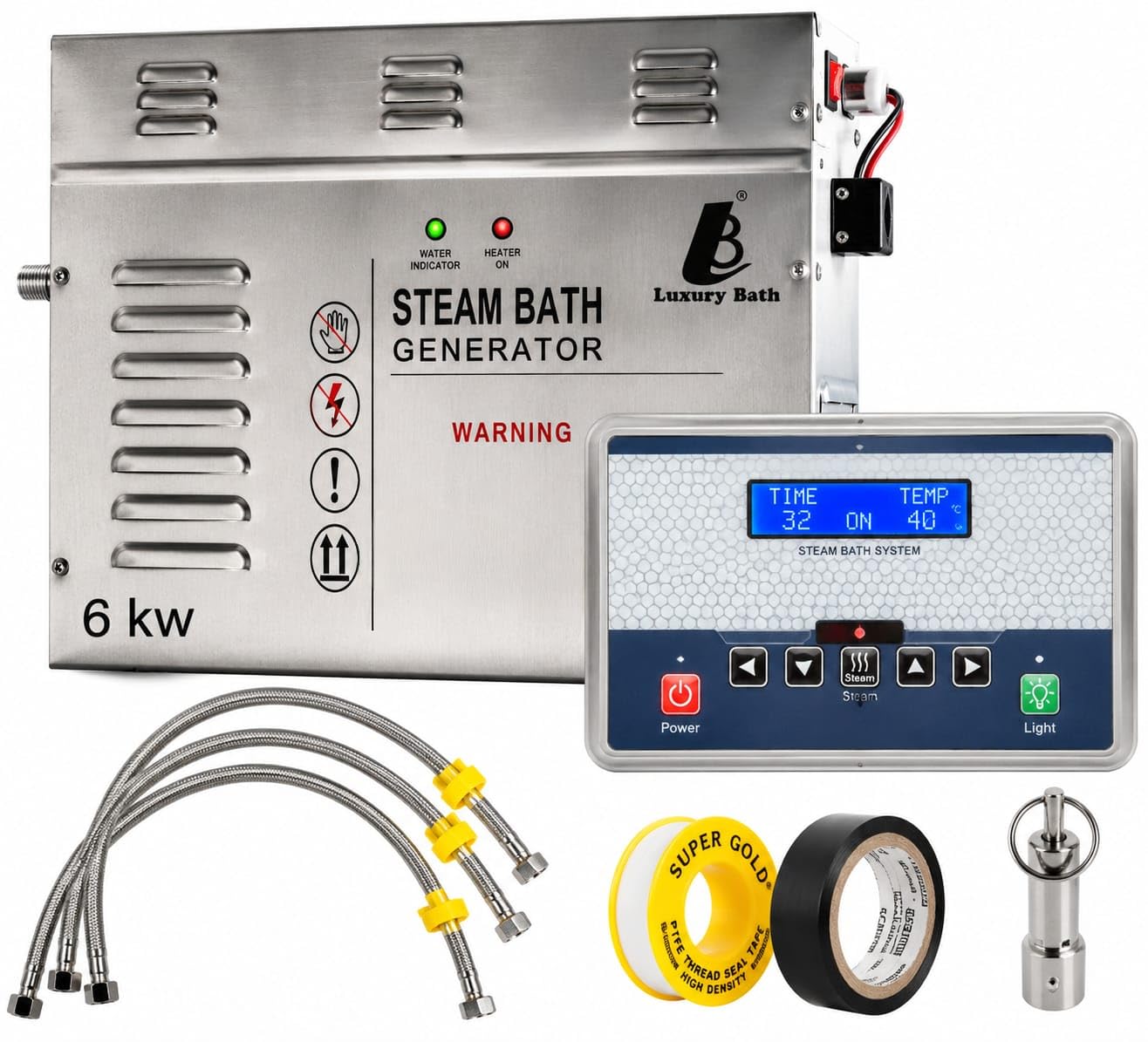 steam bath generator with digital control panel (stainless steel) - 6kw | fully automatic operation