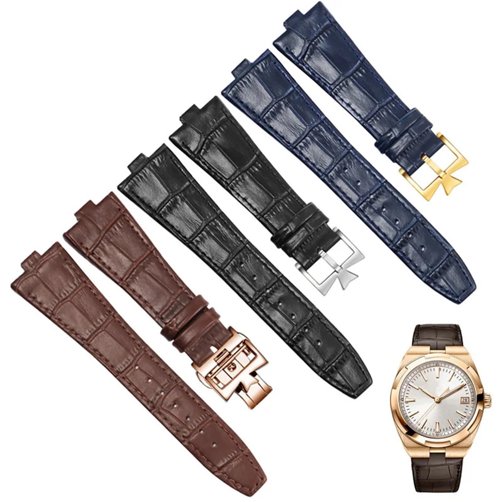 Bracelet de montre en cuir véritable pour Vacheron Constantin série 4500 V 5500 V P47040 boucle en acier inoxydable 25 * 8 25 * 7 bracelet de montre(Brown-silver,25mm-7mm)