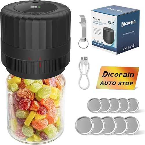 Dicorain Kit de sellado al vacío de tarros de boca ancha y boca regular, sellador al vacío para tarros con abridor y 5 pares de tapas
