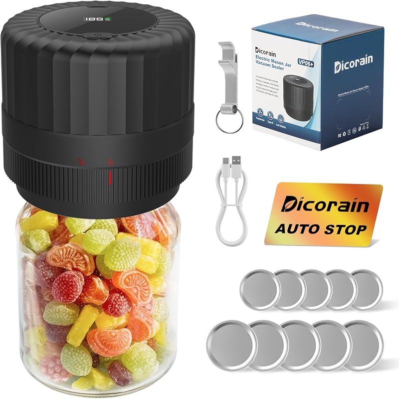 Sellador al vacío Mason Jar, VP06+ | Kit de sellador al vacío de tarros automático inalámbrico eléctrico para tarros de boca ancha y regular con abridor, 5 pares de tapas
