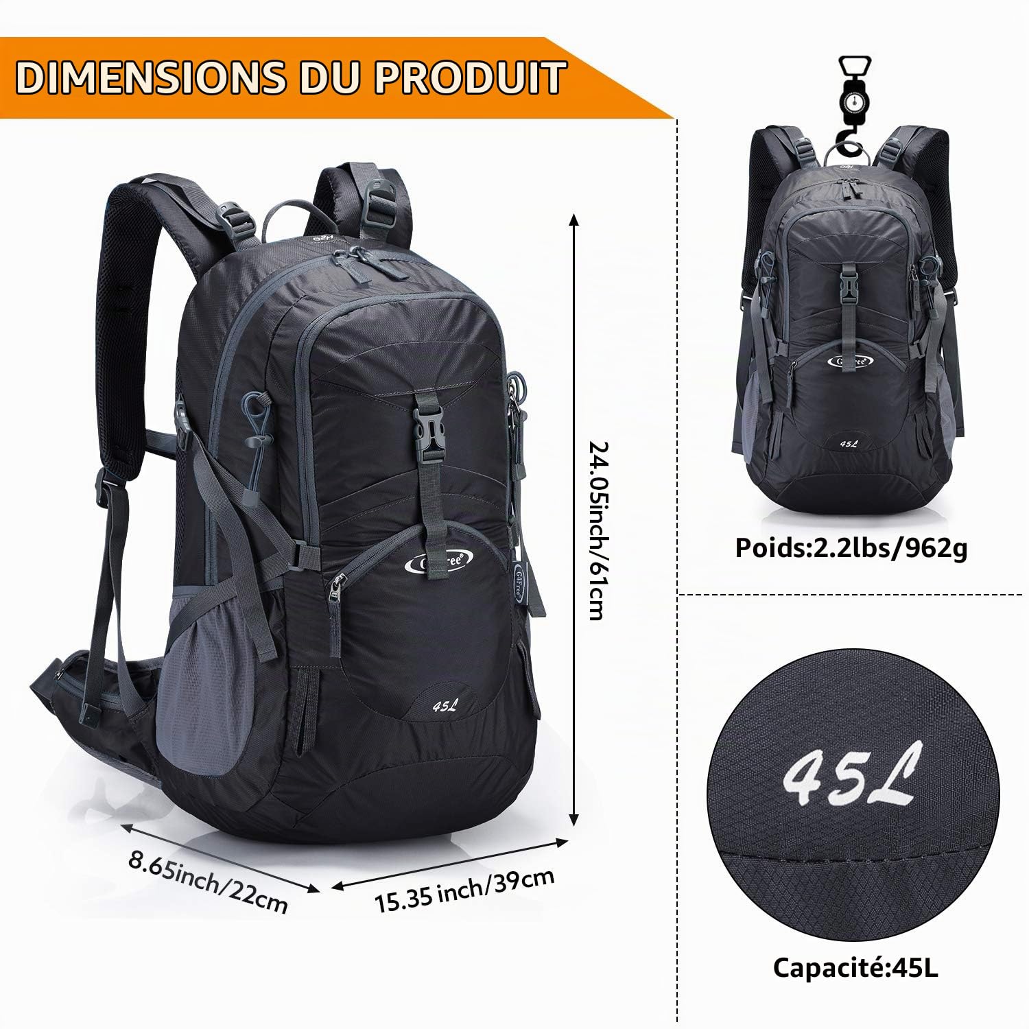 G4Free Sacs à dos de randonnée 45 l avec housse de pluie imperméable Sac à dos de trekking, sac à dos de voyage, camping, alpinisme, randonnée pour homme et femme