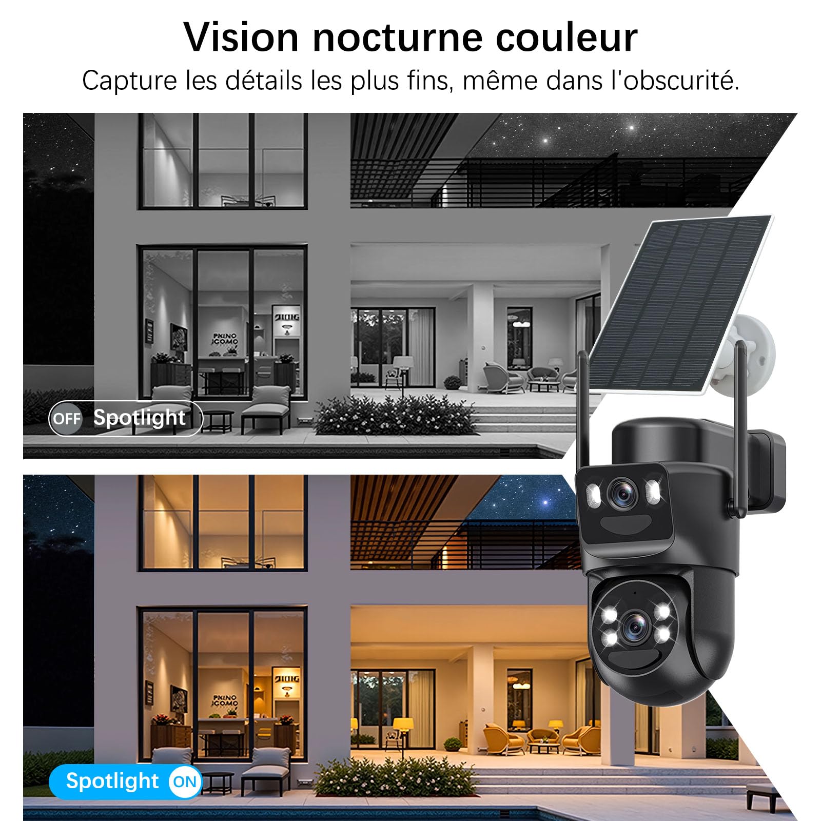 4K Camera Surveillance WiFi Exterieure sans Fil,4 Cam-Kit avec Home Station/Camera Solaire/Double Objectif,360° PTZ Sécurité à Domicile,Vision Vocturne,Alarme,Audio Bidirectionnel,Suivi Automatique