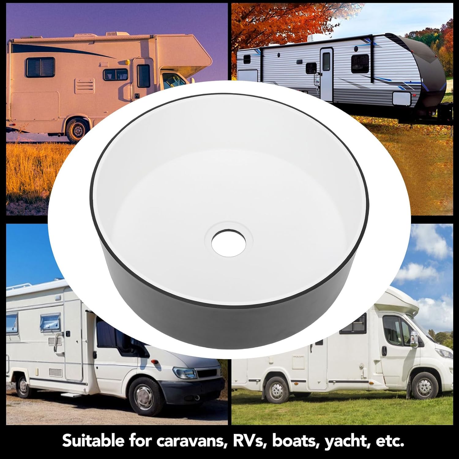 KIMISS 13" Round RV Sink, for Motorhome Boat Horsebox, Acrylic Hand Wash Basin, Compact Kitchen & Bathroom Sink, Lightweight Design