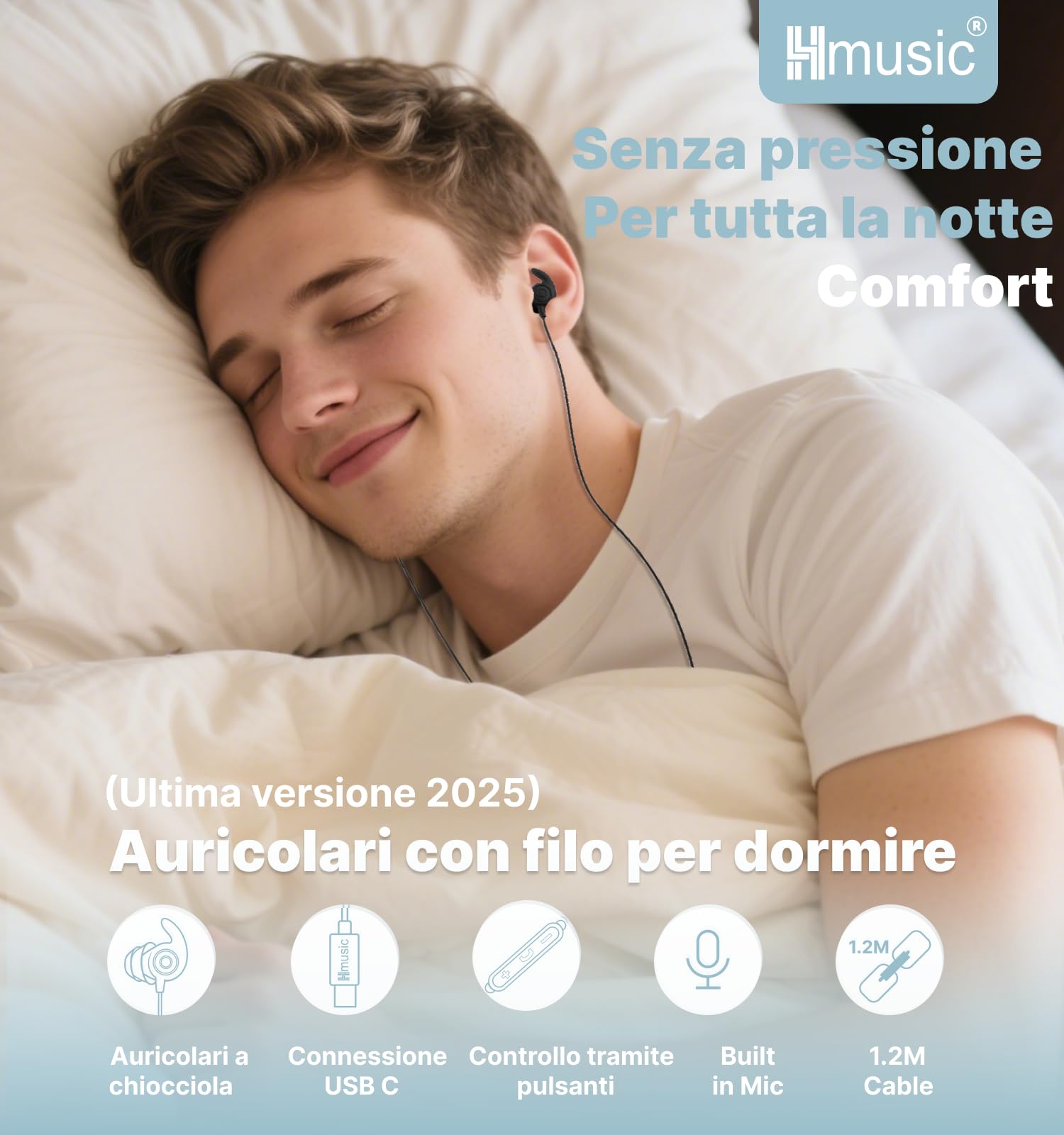 Hmusic Auricolari per Dormire, Silicone morbido e comodo, Isolamento Acustico 30 dB, Cuffie con filo USB-C e microfono, Design piatto per dormire di lato, Viaggio, Meditazione(Nero)