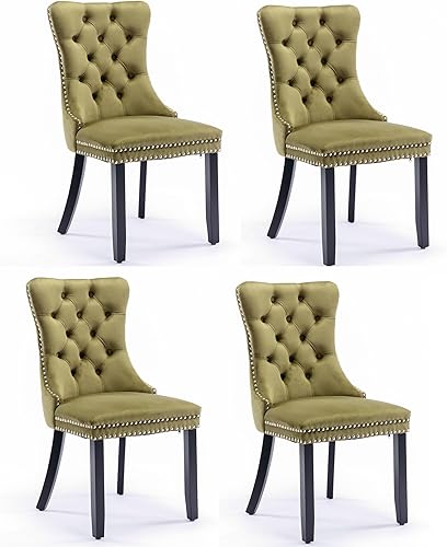 Danxee Sillas de comedor de terciopelo de alta gama tapizadas elegantes con botón de lujo clavado anillo tirador sin brazos (verde oliva, juego de 4)