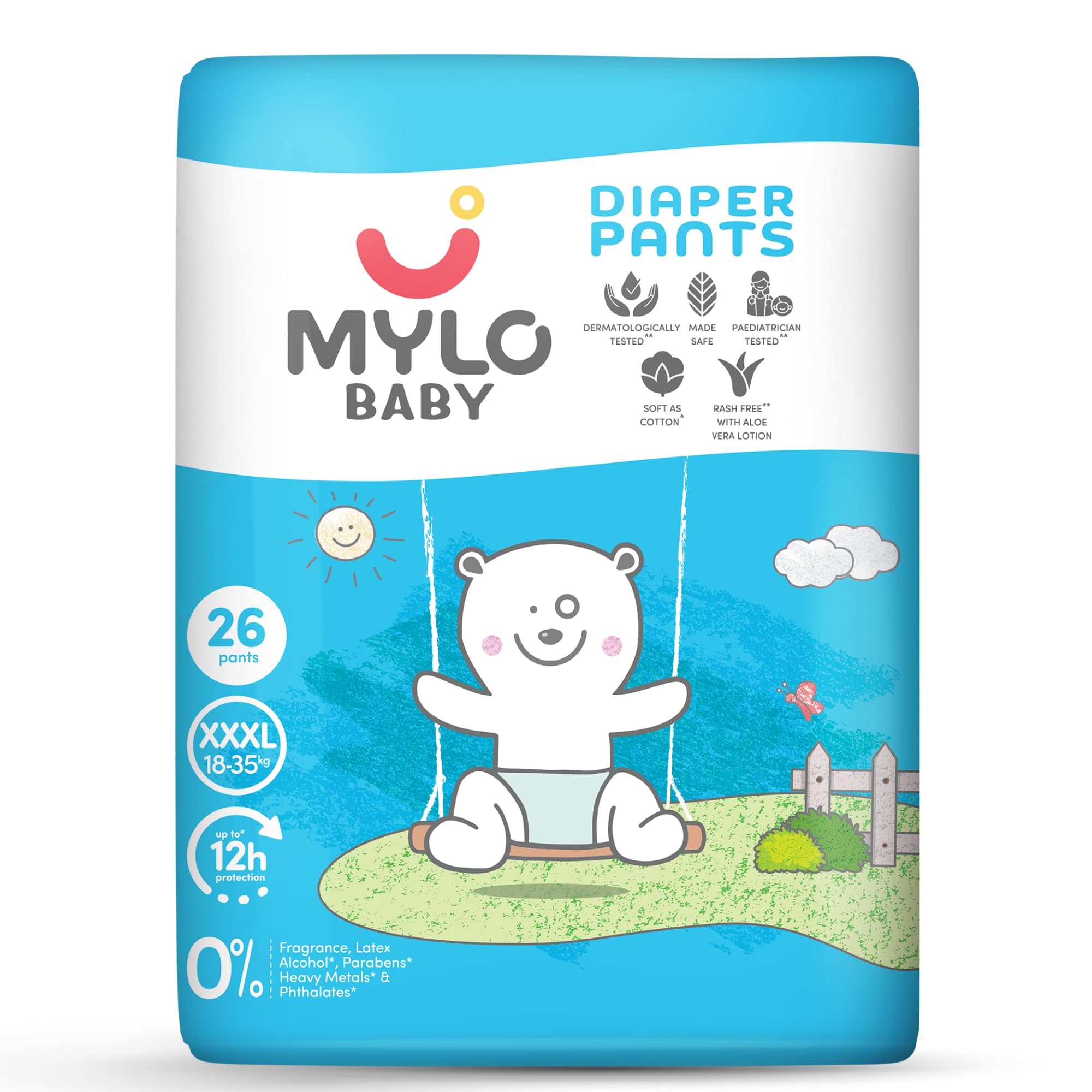 Mylo Baby Diaper Pants (XXXL) Size 18-35 kgs (26 count) Leak Proof | Lightweight | Rash Free | 12 Hours Protection | ADL Technology | with Aloe Vera Lotion-image-24