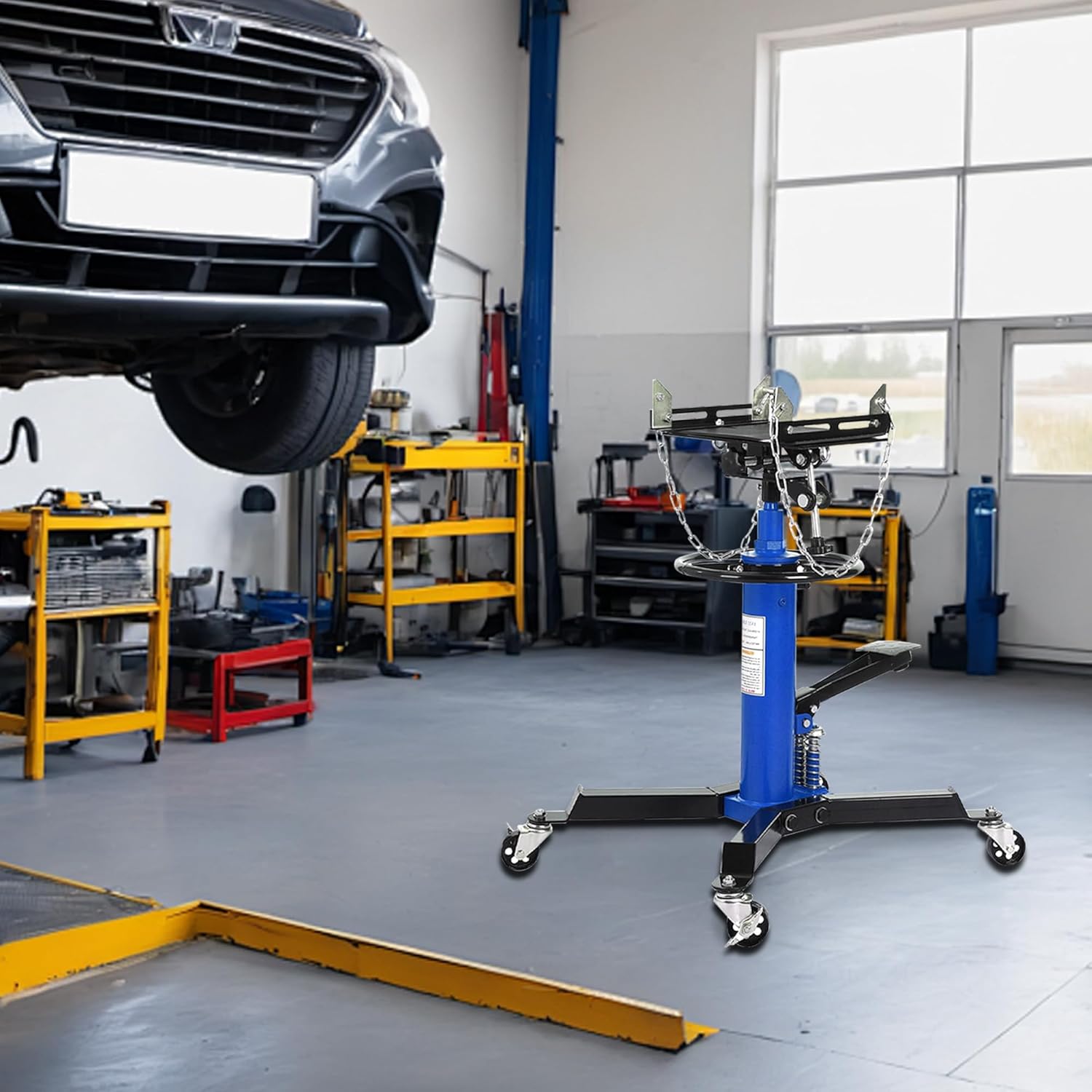 1322 LBS Transmission Jack High Lift 2-Stage Hydraulic Telescopic Stand, 34"-73" Height, Foot Pedal & 360° Swivel Wheels, Heavy Duty Transmission Lift for Car, Truck, Garage