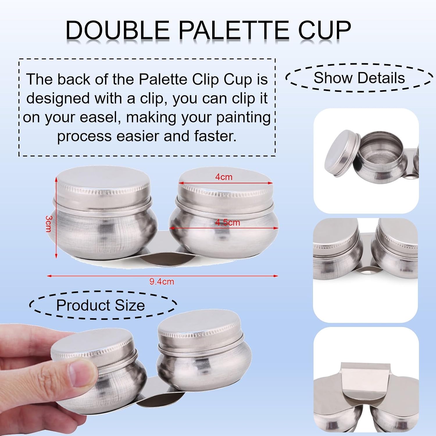 Large Mouth Double Dipper Palette Cup,Oil Paint Megilp Turpentine Solvent Container with Lid,Artists Metal Double Dipper Clip