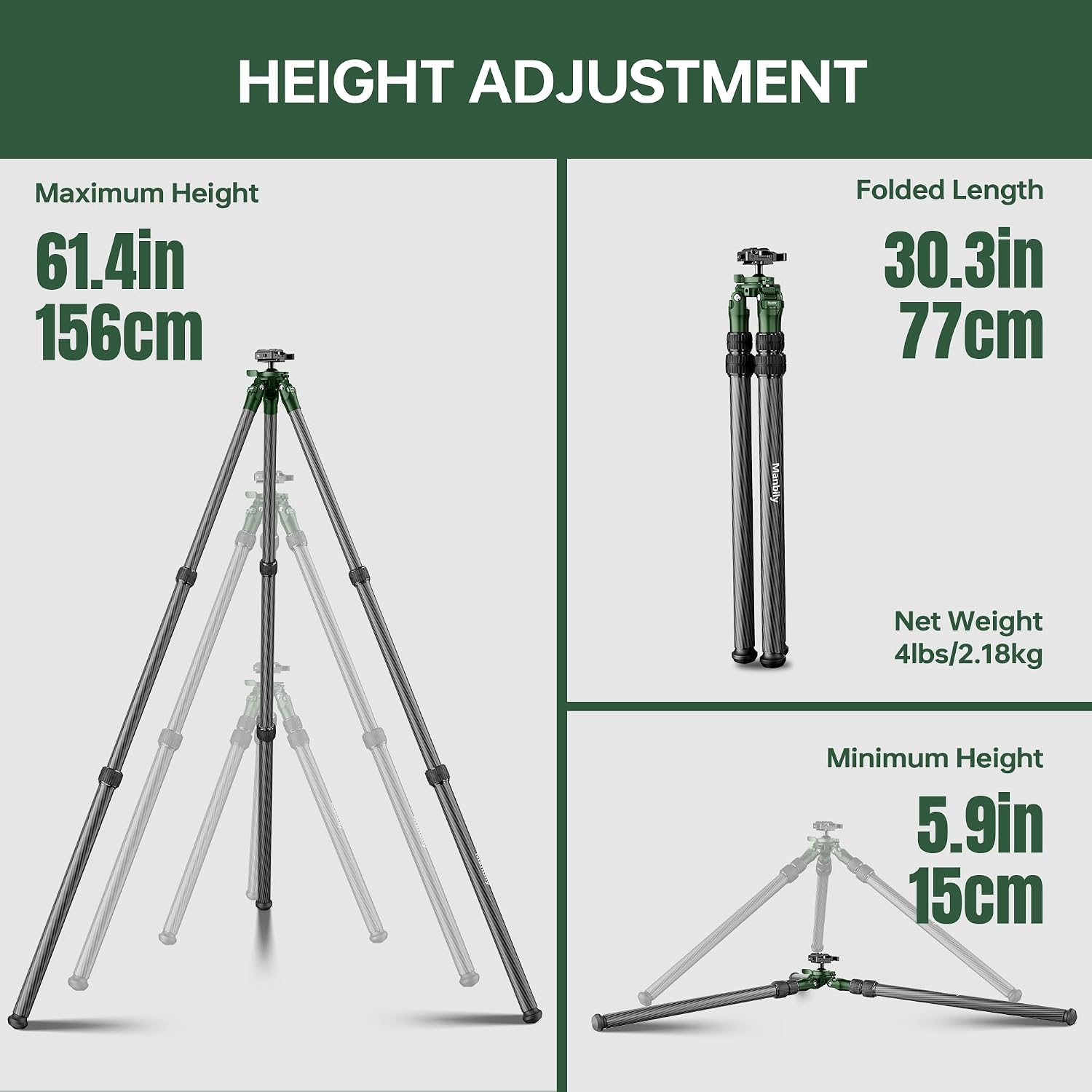 Manbily QM-2836 Shooting Tripod, Inverted Hunting Carbon Fiber Tripod with 45mm Ball Head and Picatinny to Arca Swiss Adapters, 36mm Thick Tubes, Max Load 55lbs Green