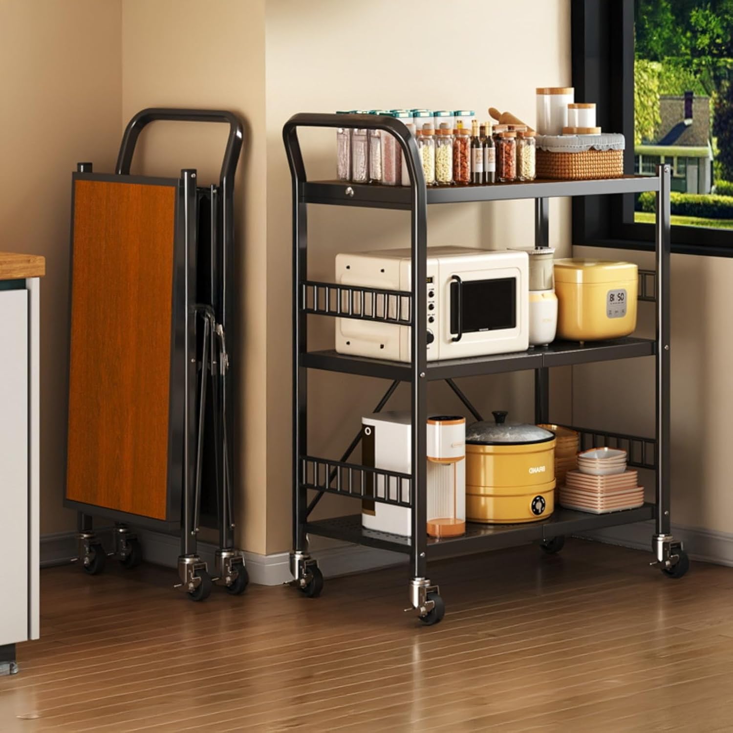 3-Tier Metal Folding Storage Rack with Wheels - Utility Cart Organizer for Snacks, Books, and Fruits - Versatile for Kitchen, Laundry Room, and Bathroom