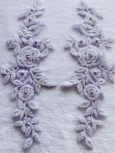 Vista 46 de PLune Apliques de encaje con cuentas, parches perfectos para vestidos de boda, accesorios de ropa, un par/bolsa, 5.5 x 12.9 pulgadas (blanco)