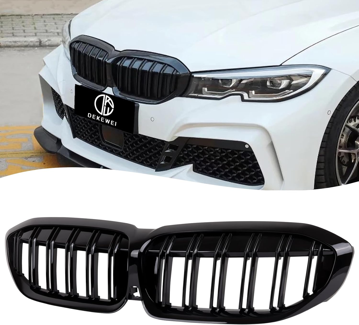 G20 Grille, Double Slats Gloss Black Grill Front Kidney Grill Compatible With BMW 3 Series G20 2019-2022