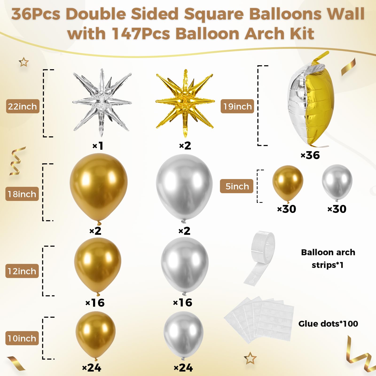 HKYOOD 36pcs Gold and Silver Square Foil Balloons Wall Backdrop with 147pcs Balloon Garland Arch Kit, Double Sided Balloons for Birthday Bridal Shower Anniversary New Year Graduation Party Decorations