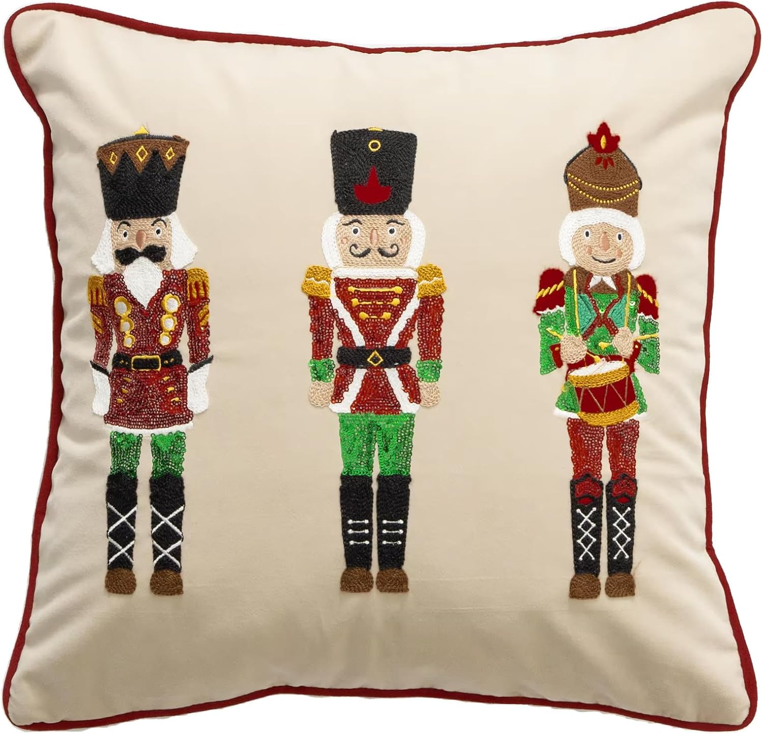 Fennco Styles Embroidered Sequin Nutcracker Velvet Throw Pillow Cover 18" W x 18" L - White Festive Cushion Case for Home, Christmas, Winter Holidays Décor, and Special Occasions