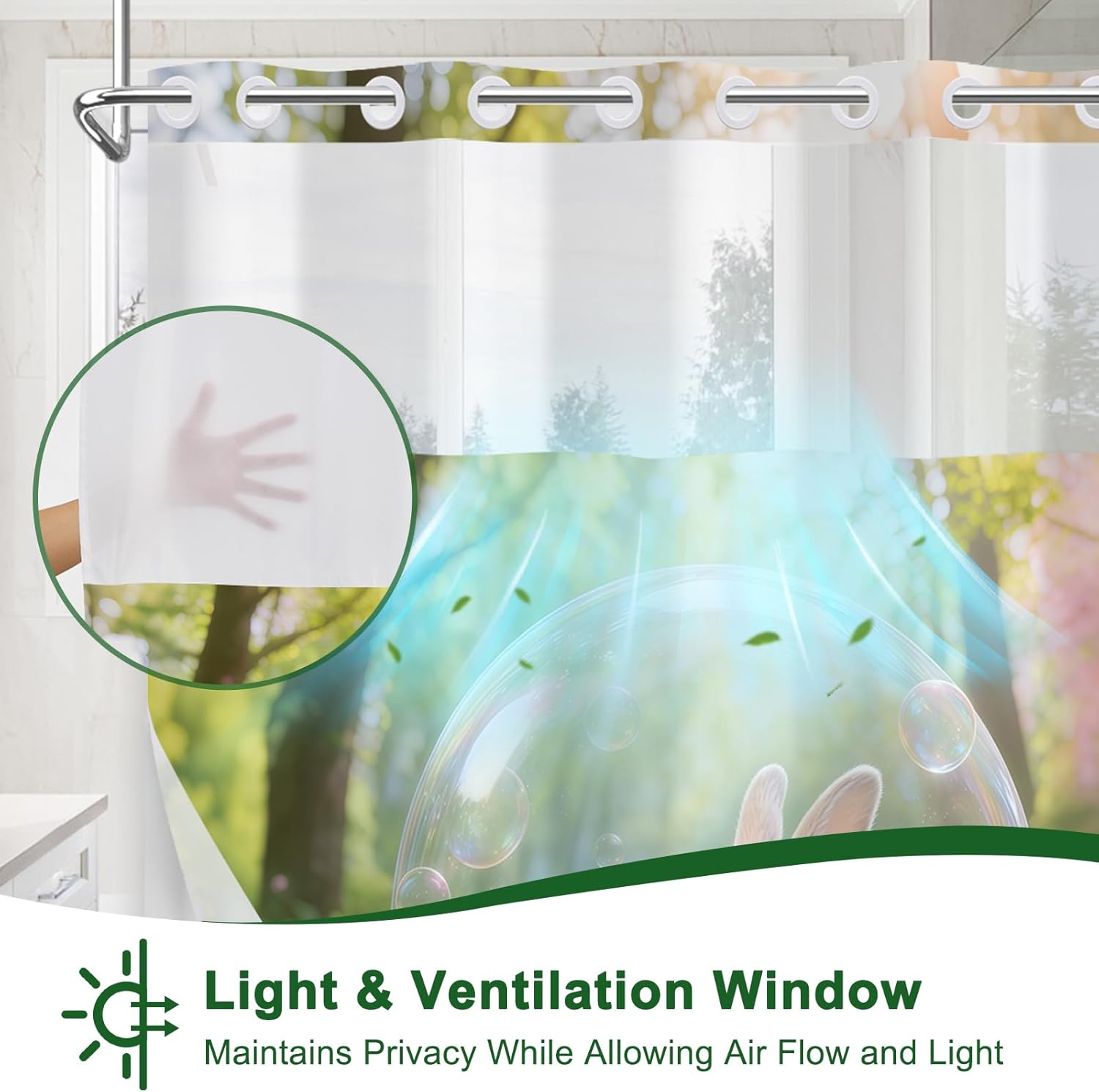No Hook Shower Curtain with Liner, Double-Layer Waterproof Shower Curtains with Translucent Mesh Top Window, Cute Bathing Rabbit Design Spring Shower Curtain with Weighted Bottom, 71x74 Inches