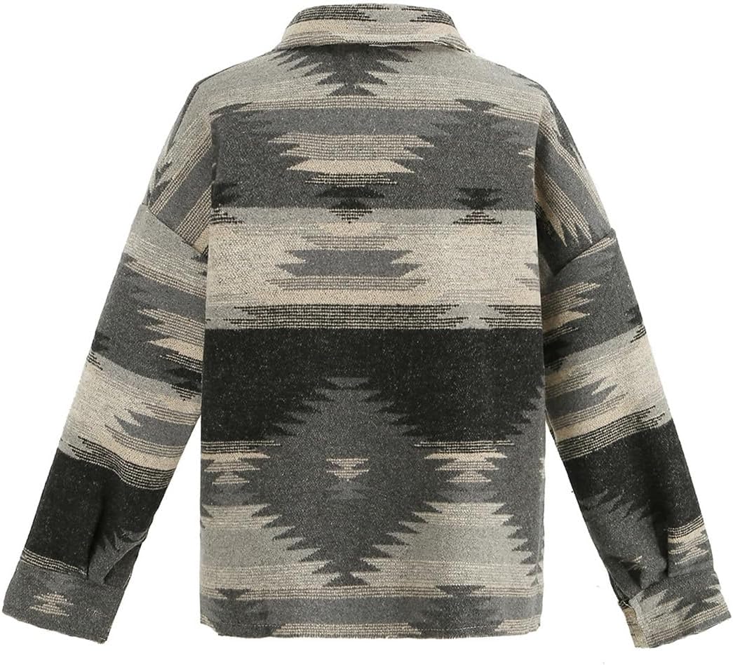 Women's Vintage Aztec Print Pattern Loose Shacket Button Down Long Sleeve Woolen Jacket Shirts Coat - Image 3