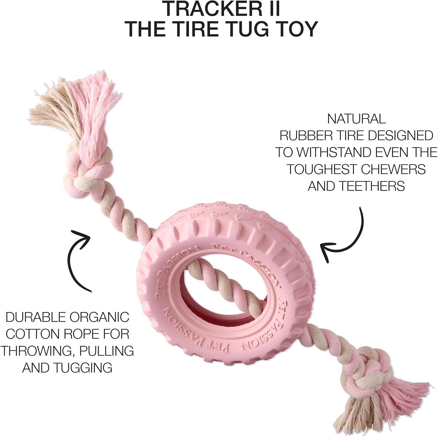 Pet Passion Natural Rubber Tire and Organic Cotton Rope Pull and Chew Dog Toy for All Pet Breeds, Blush, Small