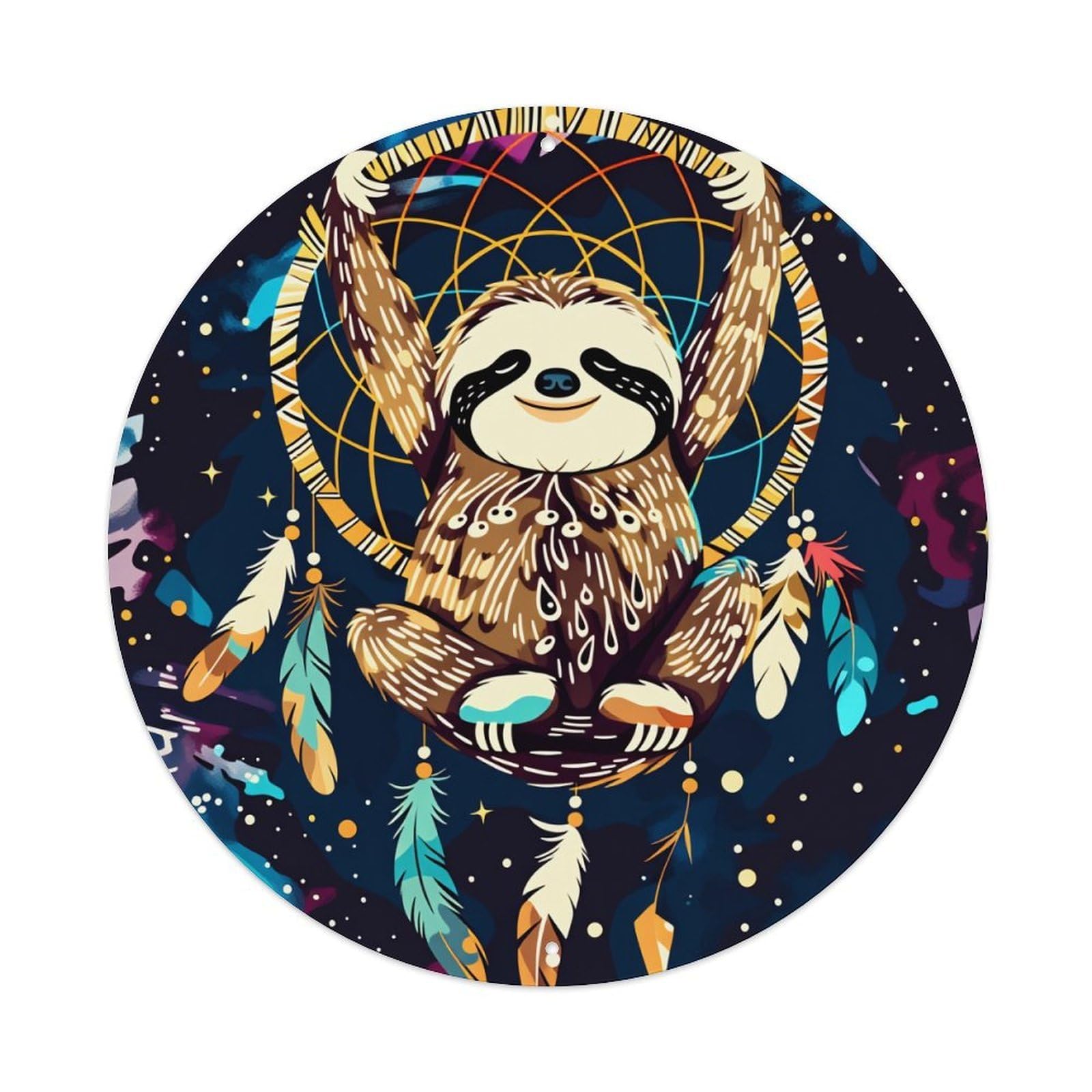 Sloth Dreamcatcher Cosmic Feathers Pattern Round Tin Sign Vintage Metal Poster Retro Bar, Home, Man Cave, Kitchen, Laundry Room Wall Art Decor Gift 8x8In