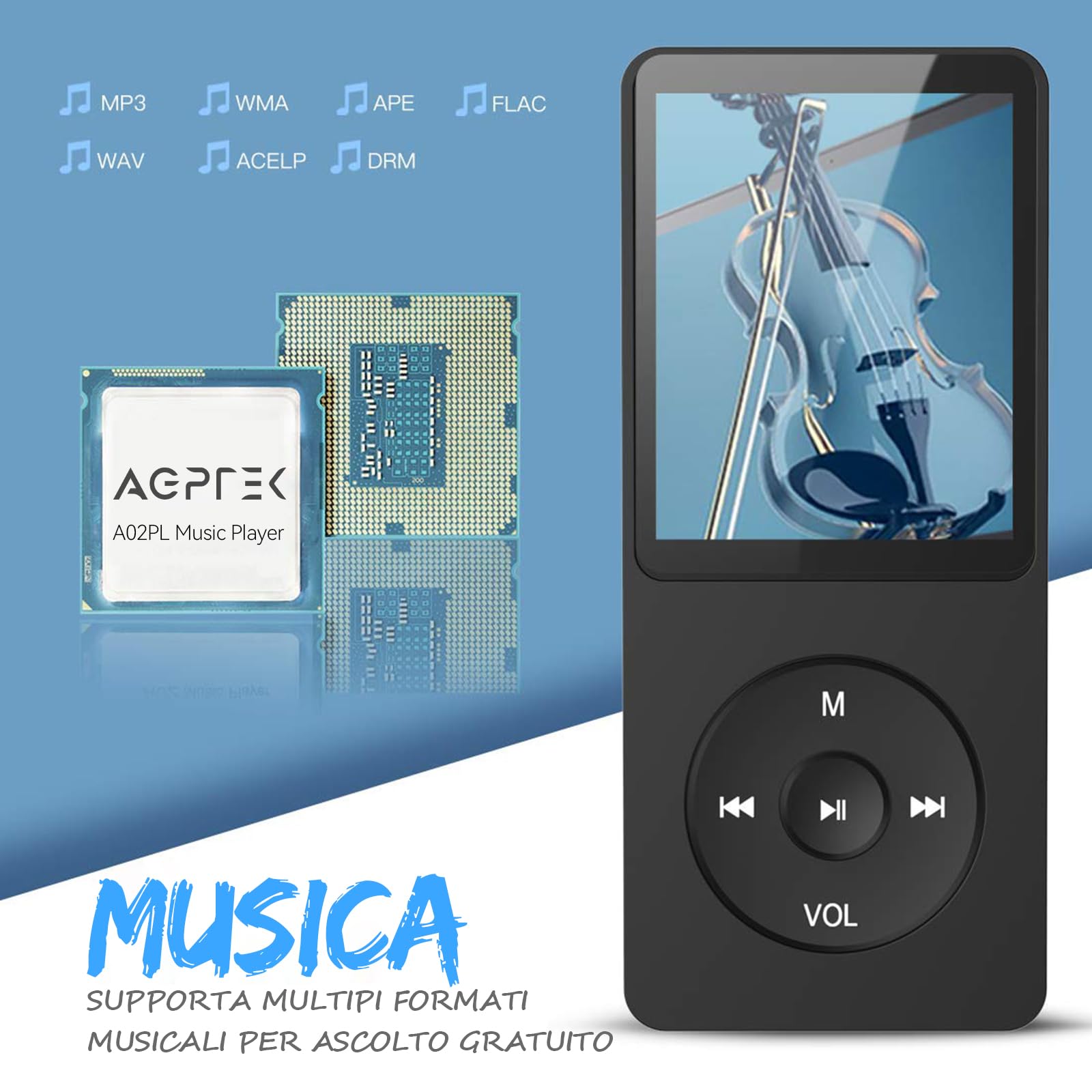 AGPTEK Lettore MP3 Classico da 64 GB, Durata Ultra Lunga fino a 70 Ore