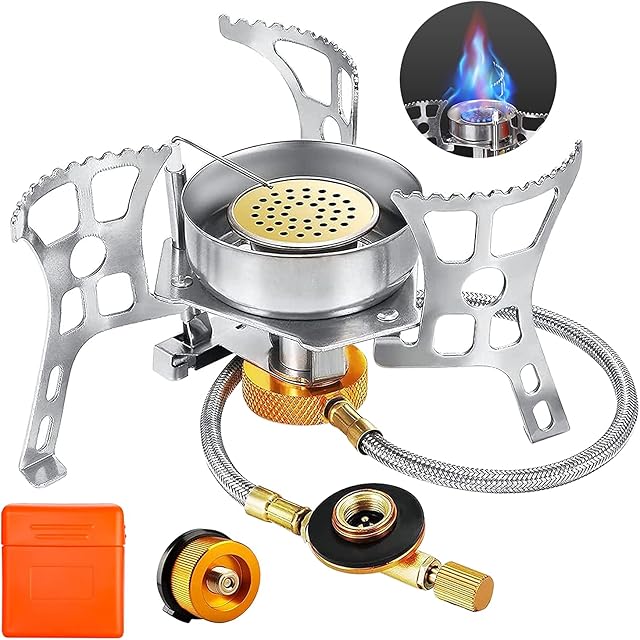 Camping Gas Stove, Portable Windproof Backpacking Burner Cooking Stoves for Hiking Fishing Picnic with Piezo Ignition & Adapters Converter